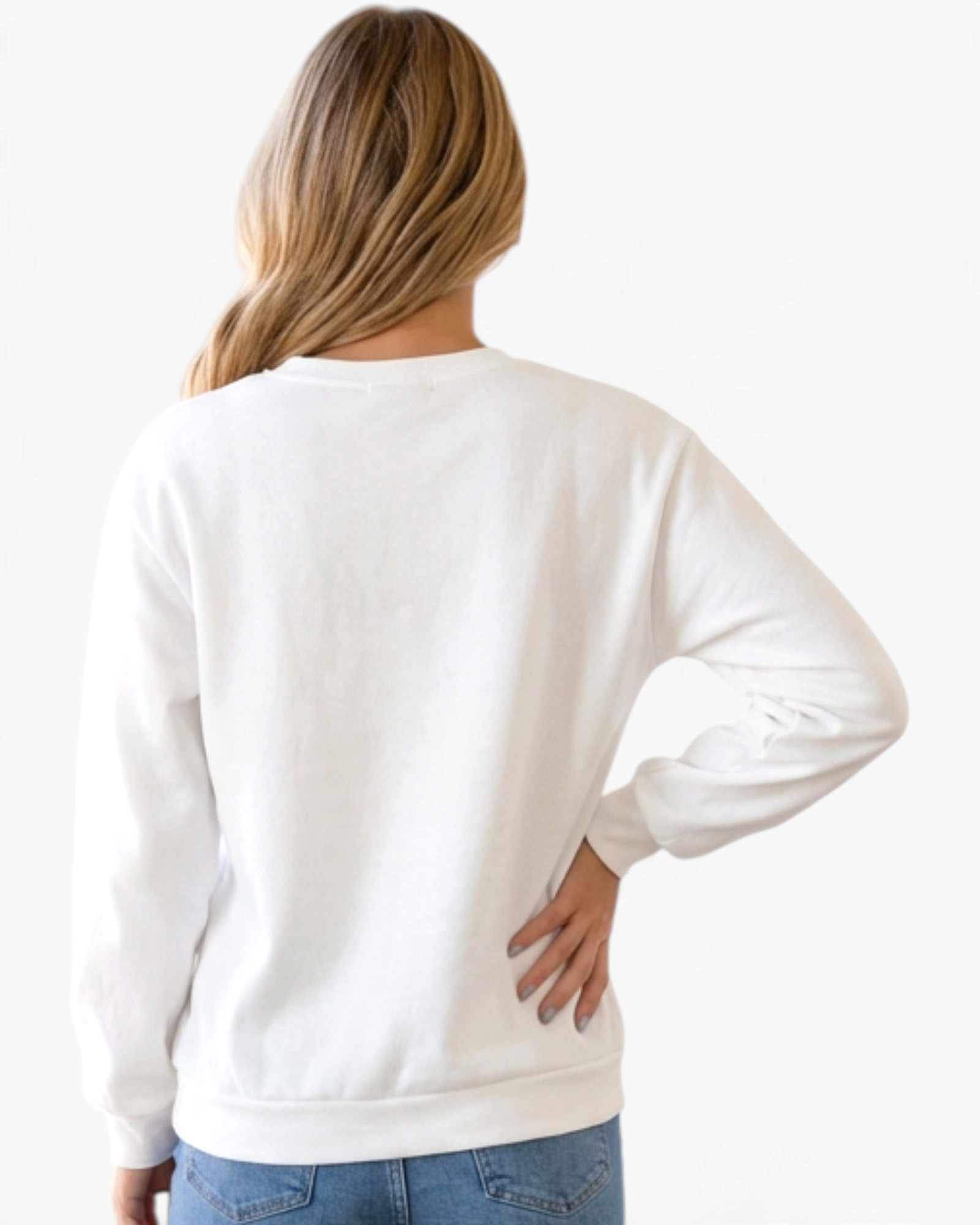 Beach Rose Co. white crew neck sweatshirt with long sleeves and ribbed hem, back view on a blonde model