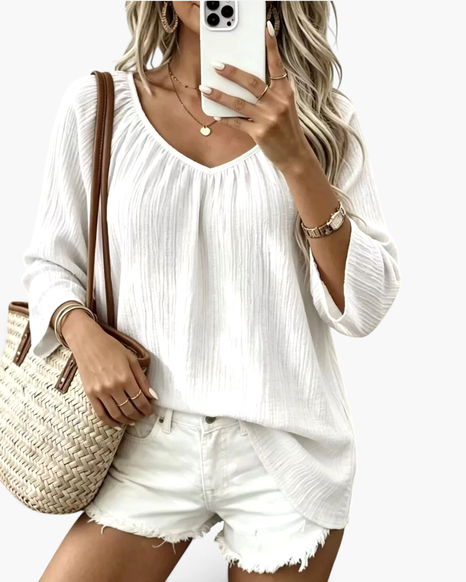 Beach Rose Co. white textured V-neck blouse with loose three-quarter sleeves and a relaxed fit.