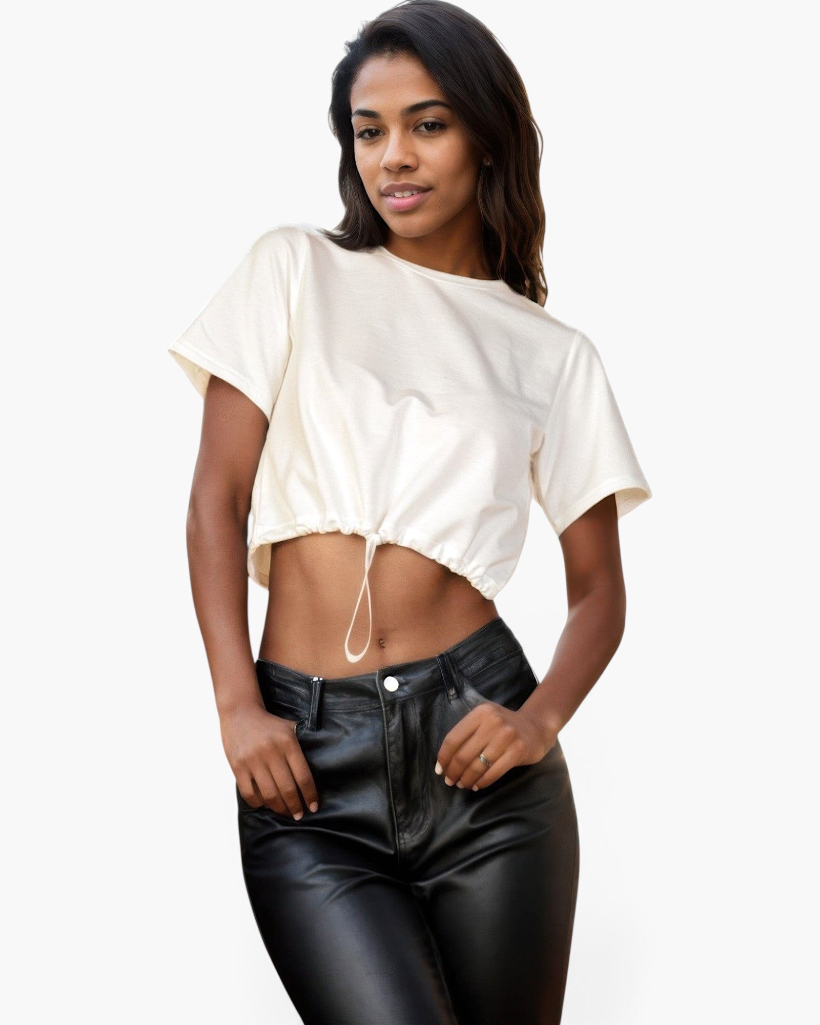 Beach Rose Co. white French Terry crop top with an adjustable toggle drawstring hem worn by a woman.