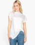 Beach Rose Co. white batwing sleeve tee with a twist front detail worn by a blonde woman with blue jeans