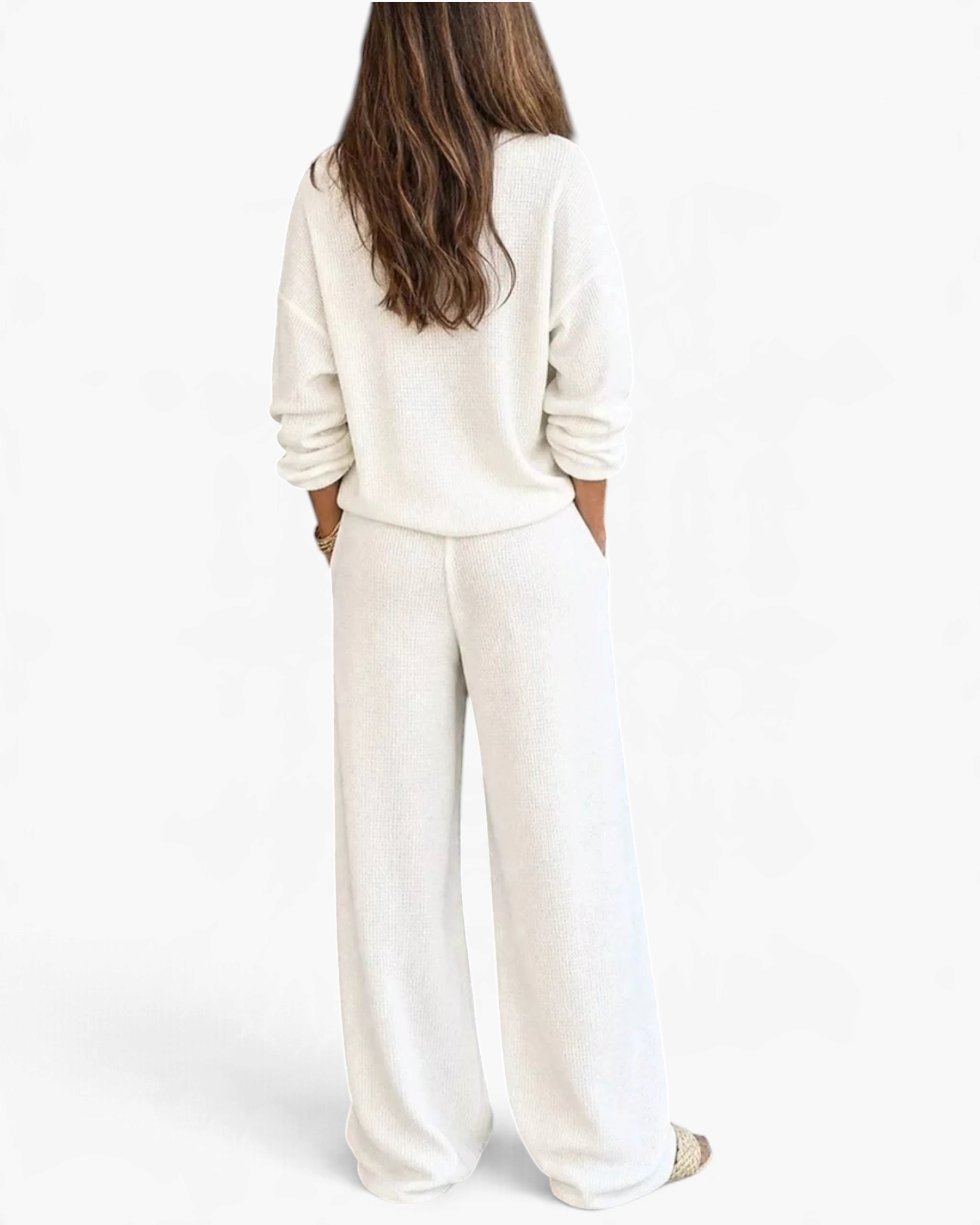 Beach Rose Co. white waffle knit two-piece lounge set with long sleeves and wide-leg pants, back view