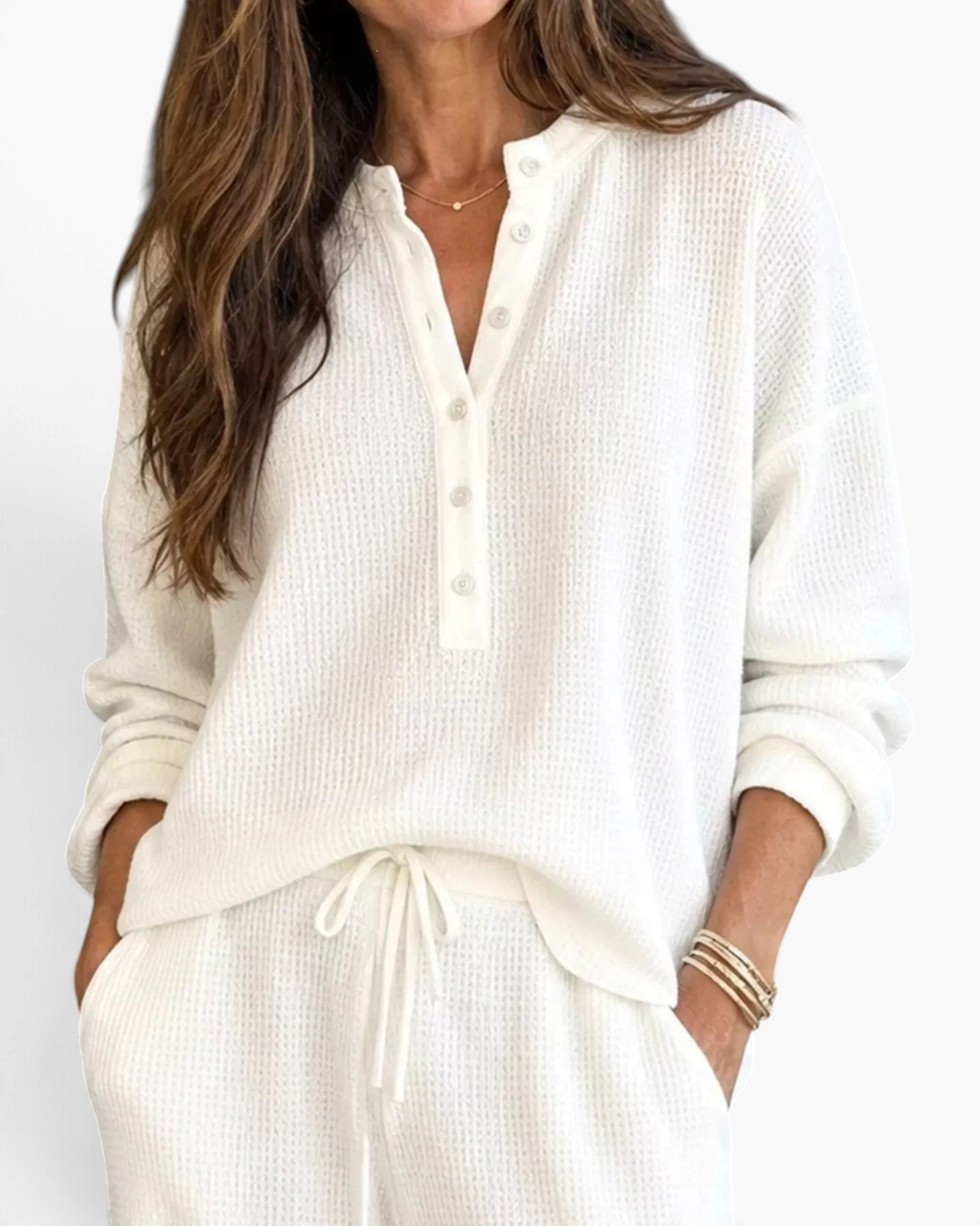 Beach Rose Co. white waffle knit two-piece set featuring a button-down top and drawstring pants with pockets.