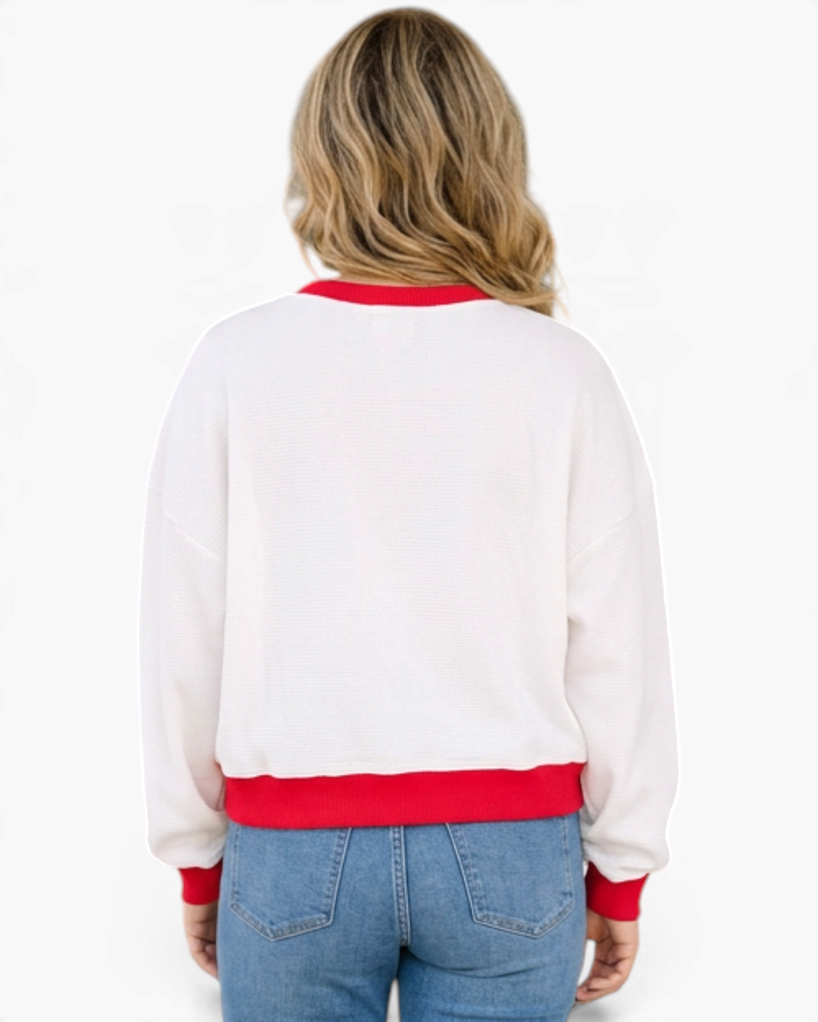 Beach Rose Co. white waffle knit crewneck sweatshirt with red trim and dropped shoulders, back view.