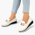 Beach Rose Co. white textured PU leather wedge loafers with a chunky gold chain accent and layered wedge sole.