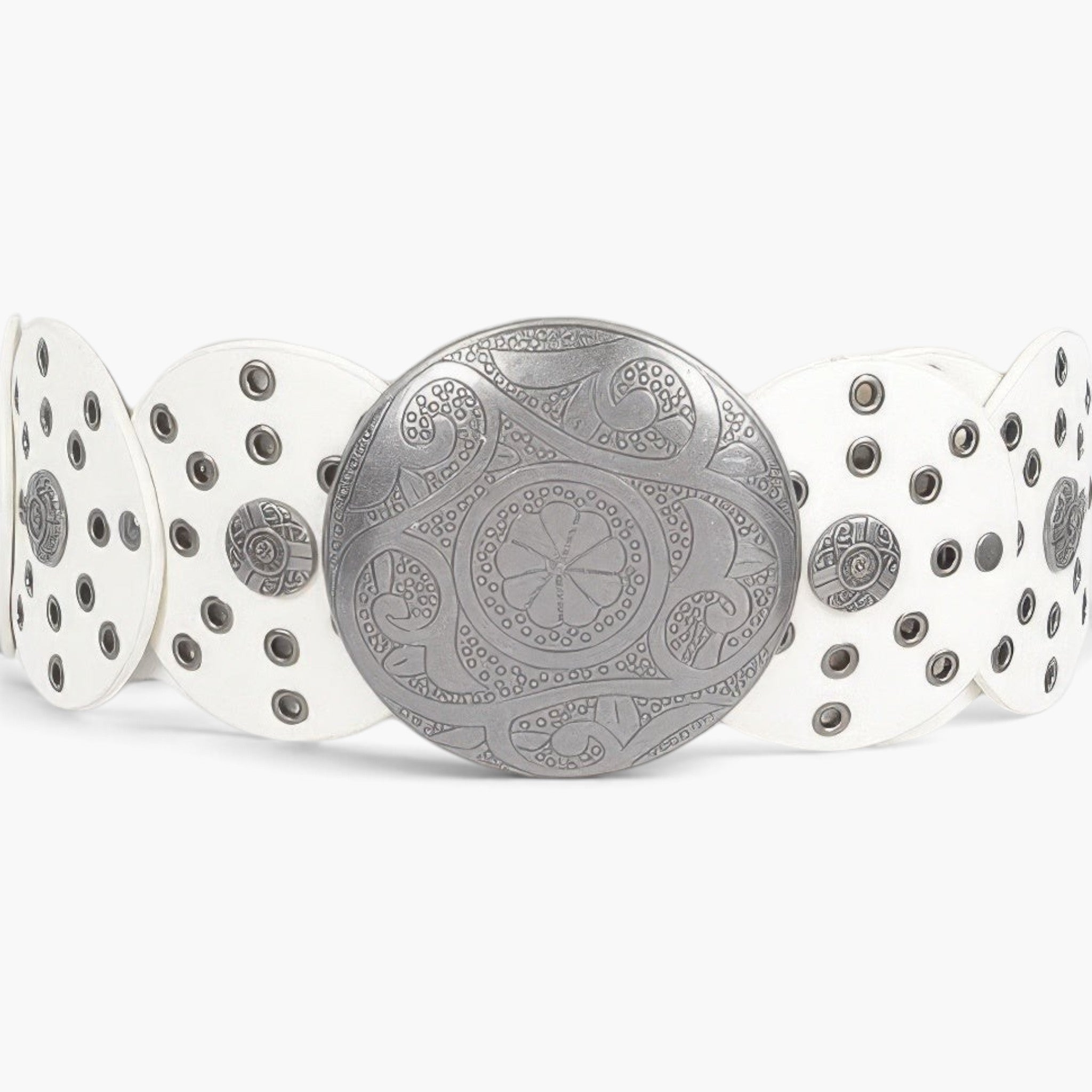 Beach Rose Co. white faux leather western belt featuring a large round engraved silver buckle and multi eyelet detail.