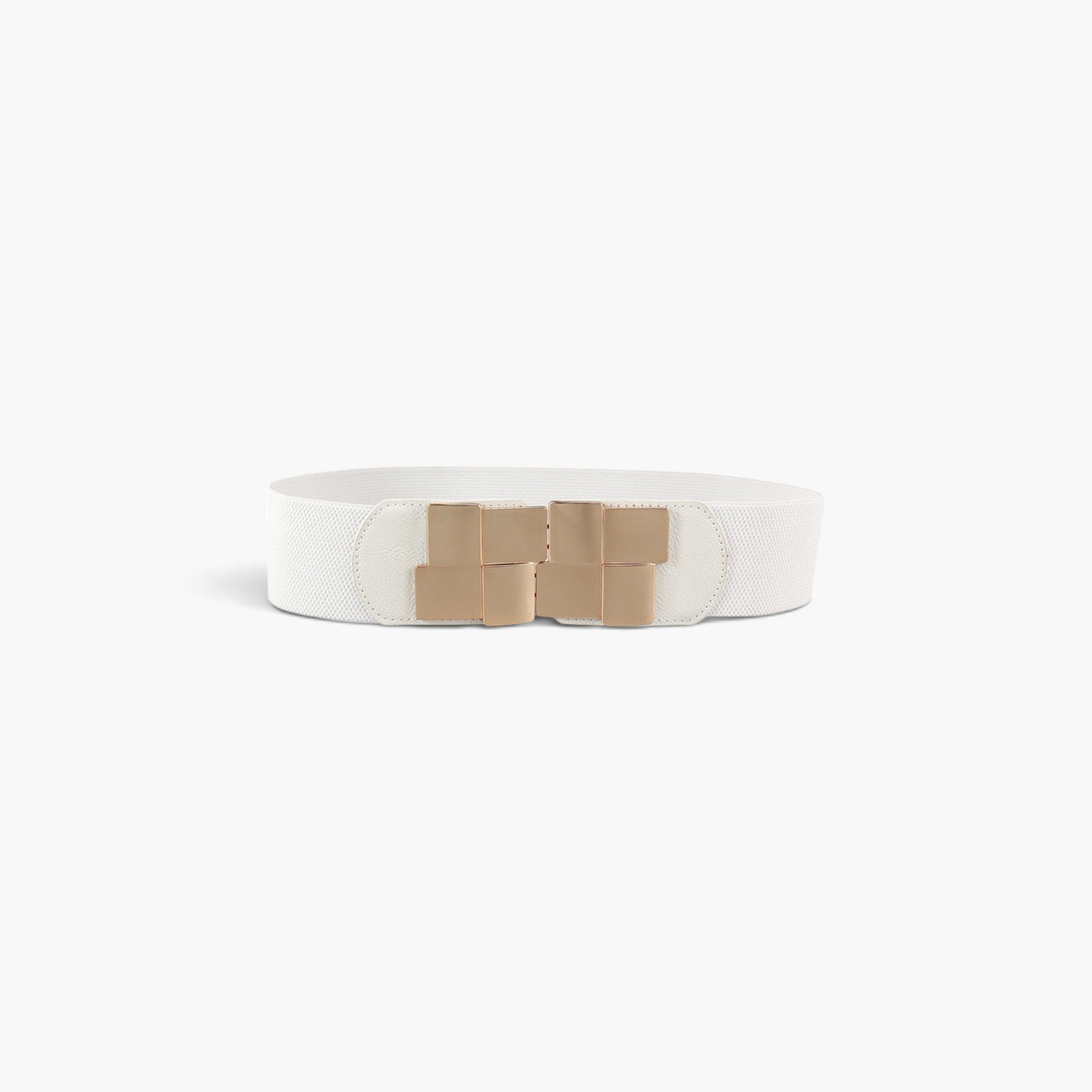 Beach Rose Co. white wide stretch belt with a gold geometric statement buckle and PU leather accents.