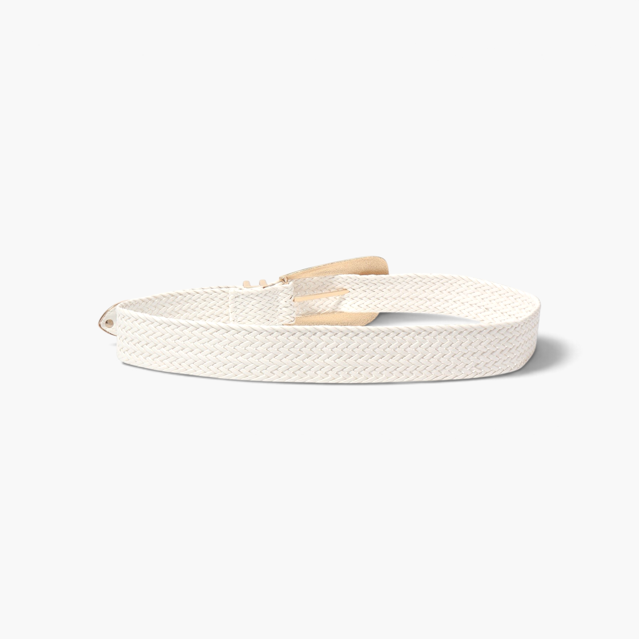 Beach Rose Co. white woven polyester belt featuring an oversized gold-tone alloy prong buckle and double keeper loops.