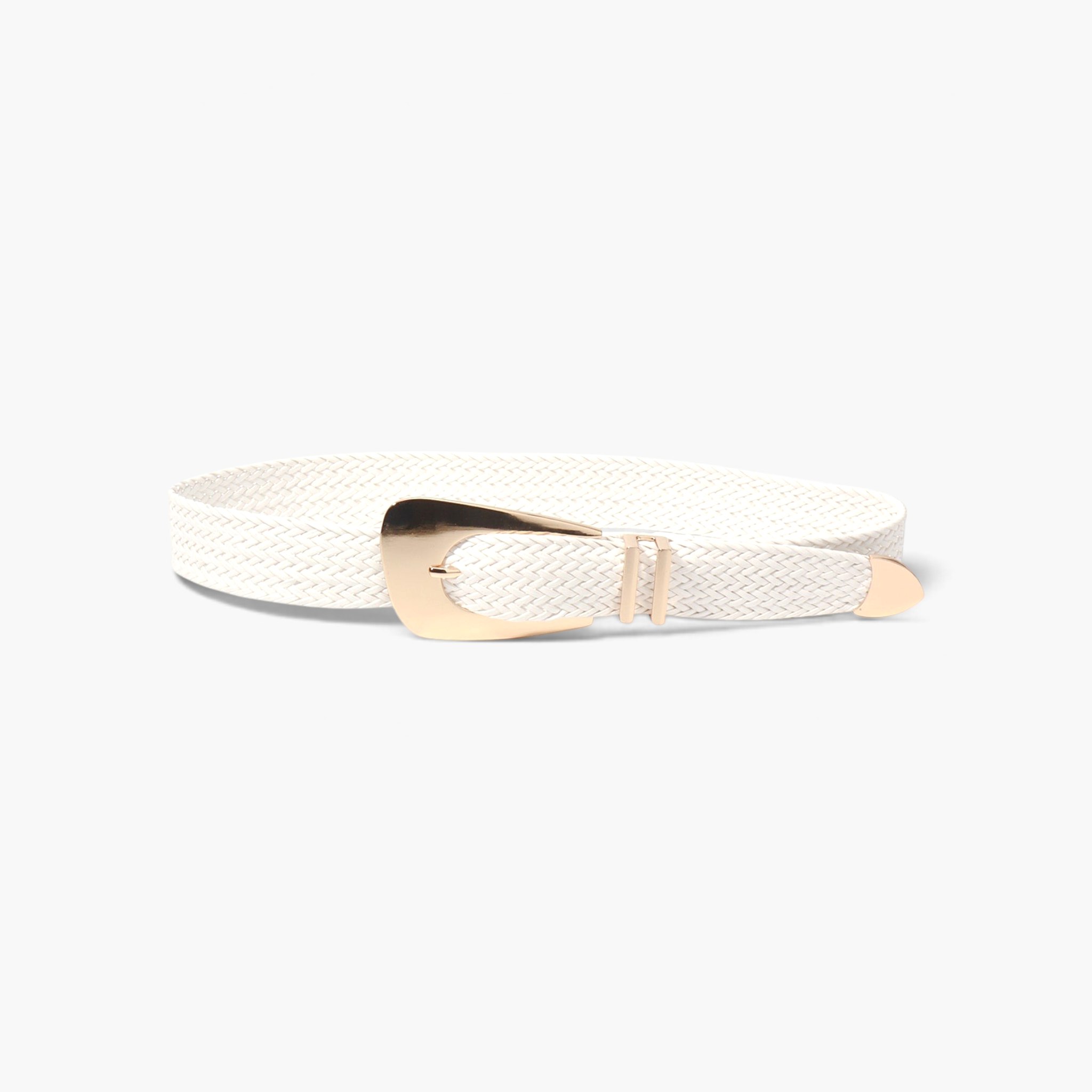 Beach Rose Co. white woven polyester belt with an oversized gold-tone alloy prong buckle and double keeper loops.