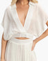 Beach Rose Co. white collared wrap top and wide-leg pants set in a lightweight cotton-blend fabric