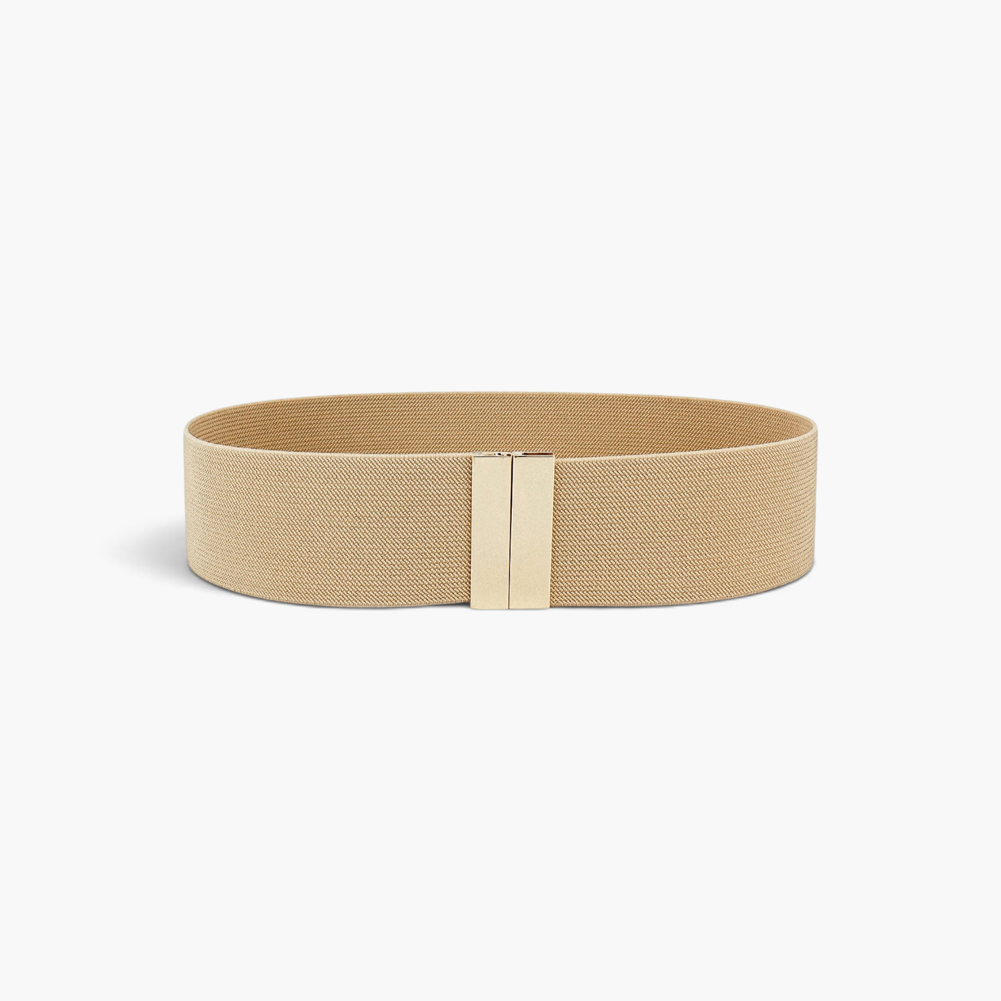 Beach Rose Co. wide beige elastic waist belt with a sleek rectangular gold-tone alloy clasp and textured finish.
