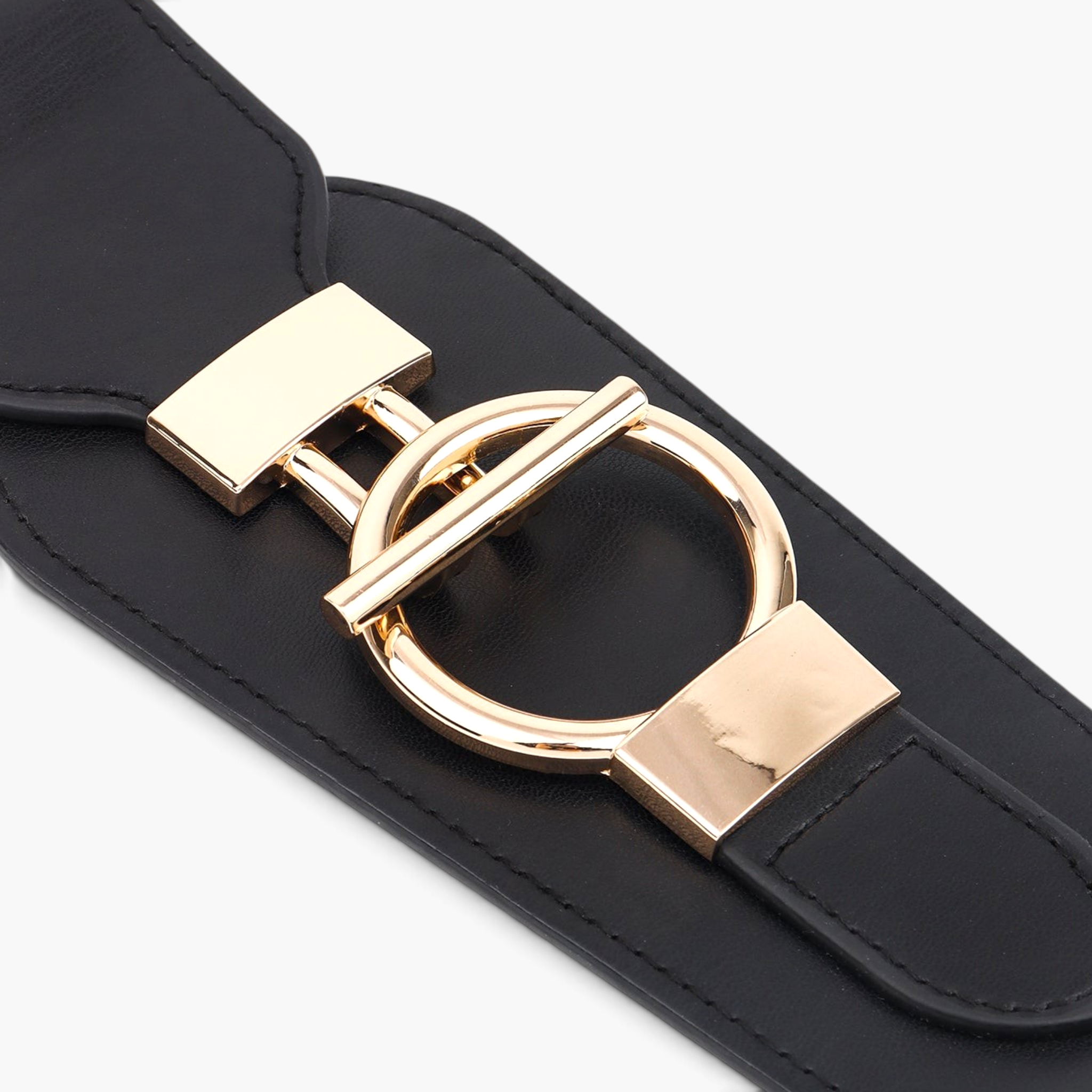 Beach Rose Co. wide black elastic waist belt featuring a gold-toned oversized ring-and-bar buckle and stitched edges.