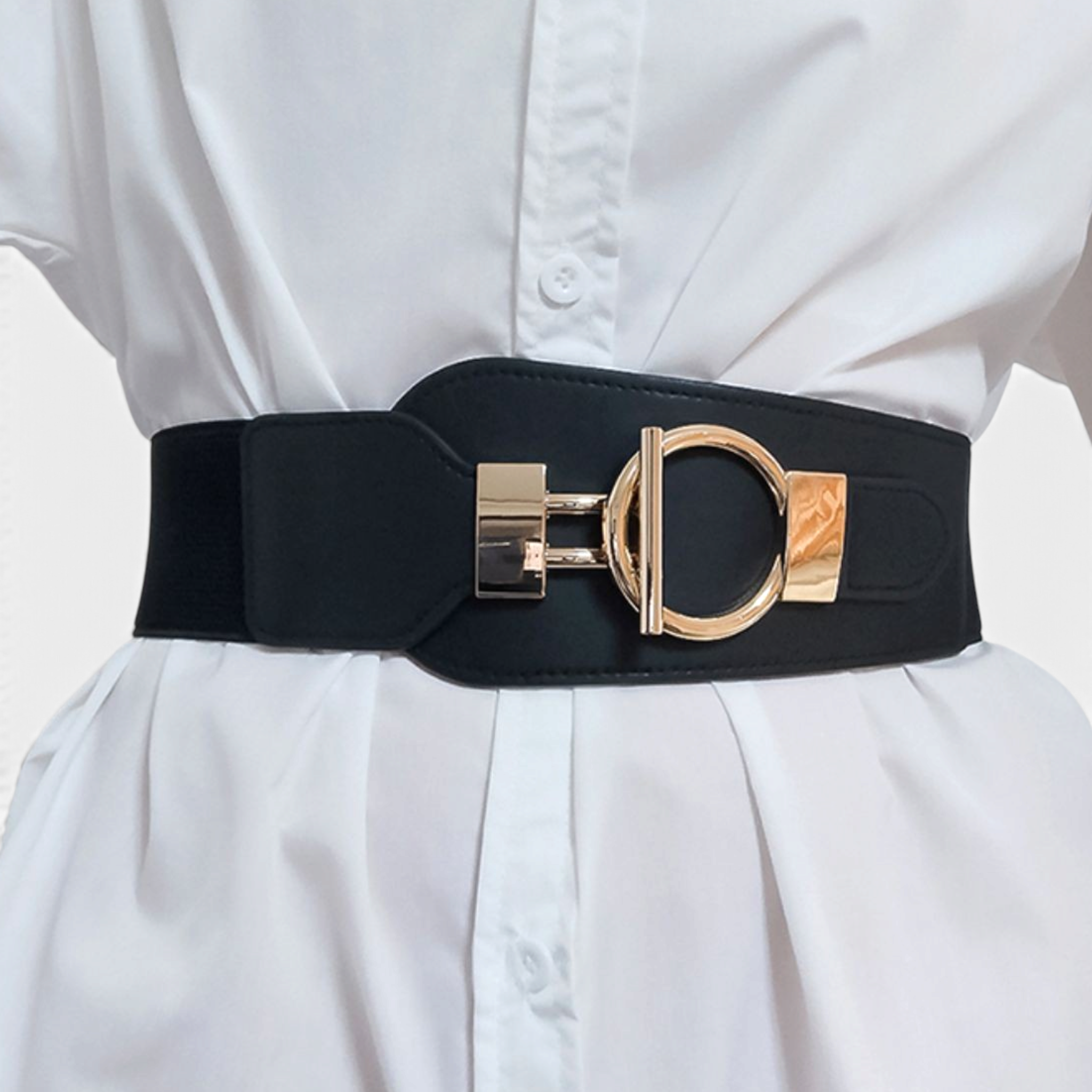 Beach Rose Co. wide black elastic waist belt featuring a contoured PU front and a gold oversized ring-and-bar buckle.