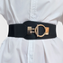 Beach Rose Co. wide black elastic waist belt featuring a contoured PU front and a gold oversized ring-and-bar buckle.