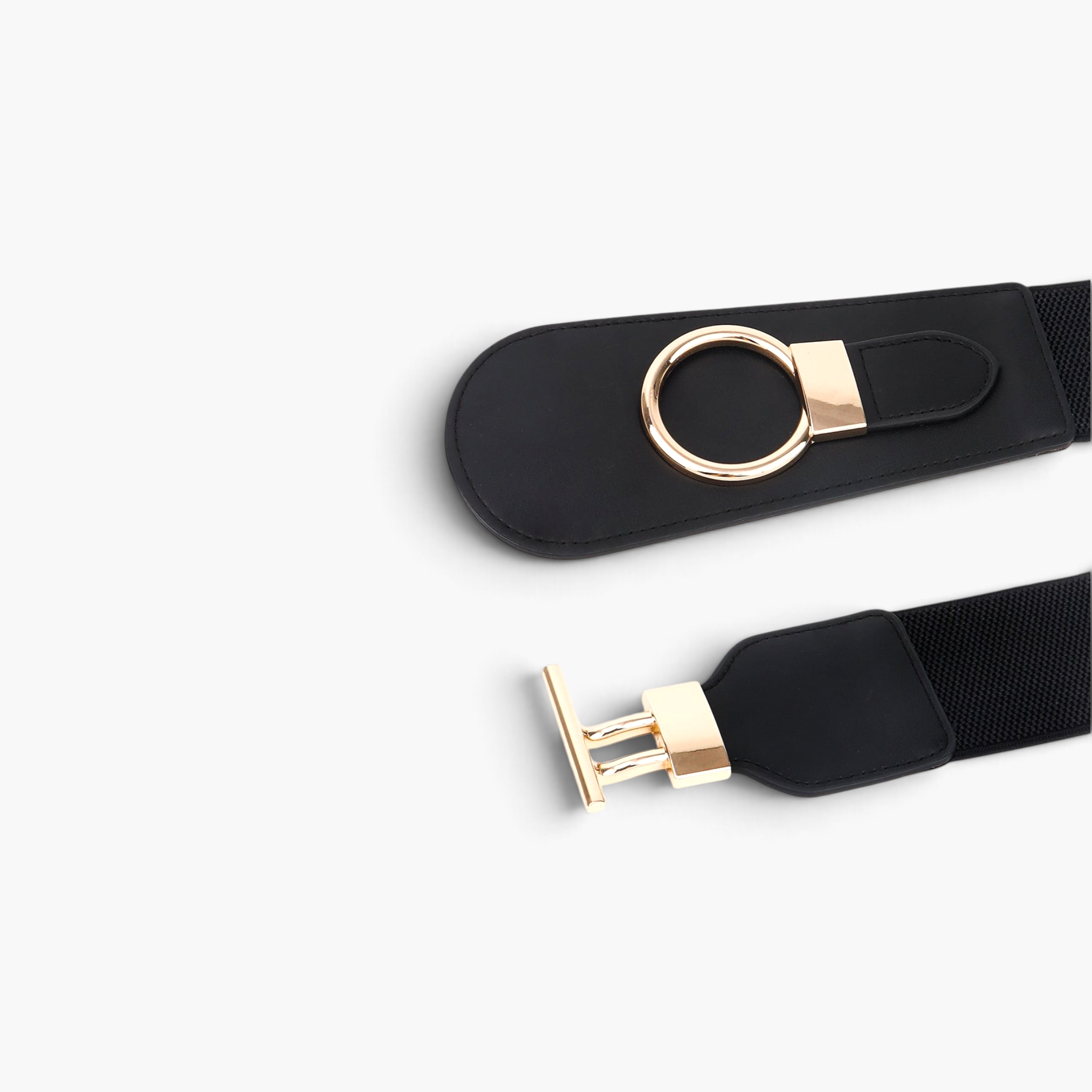 Beach Rose Co. wide black elastic waist belt featuring a gold oversized ring-and-bar buckle and contoured PU front.