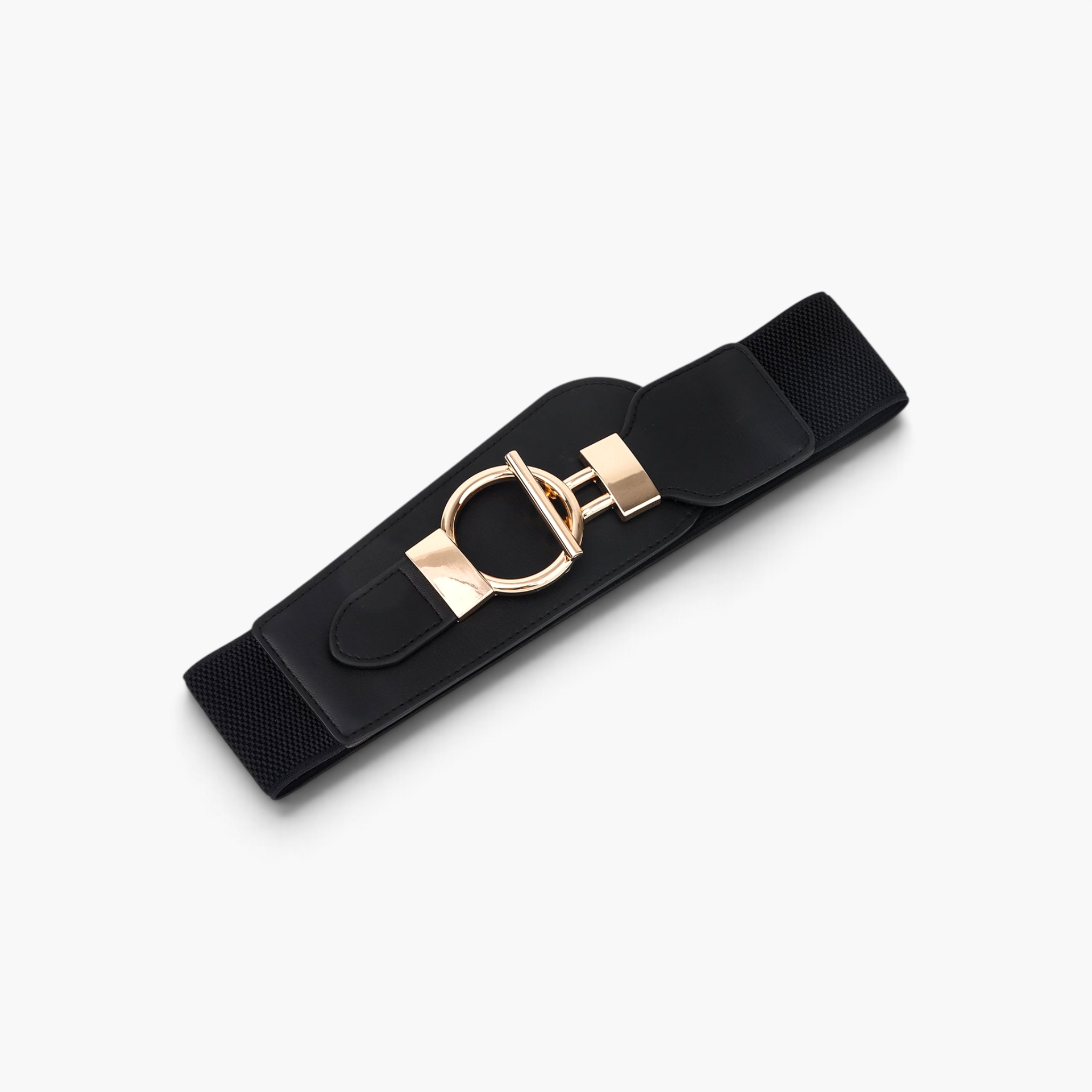 Beach Rose Co. wide black elastic waist belt featuring a contoured PU front and a gold oversized ring-and-bar buckle.