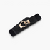 Beach Rose Co. wide black elastic waist belt featuring a contoured PU front and a gold oversized ring-and-bar buckle.