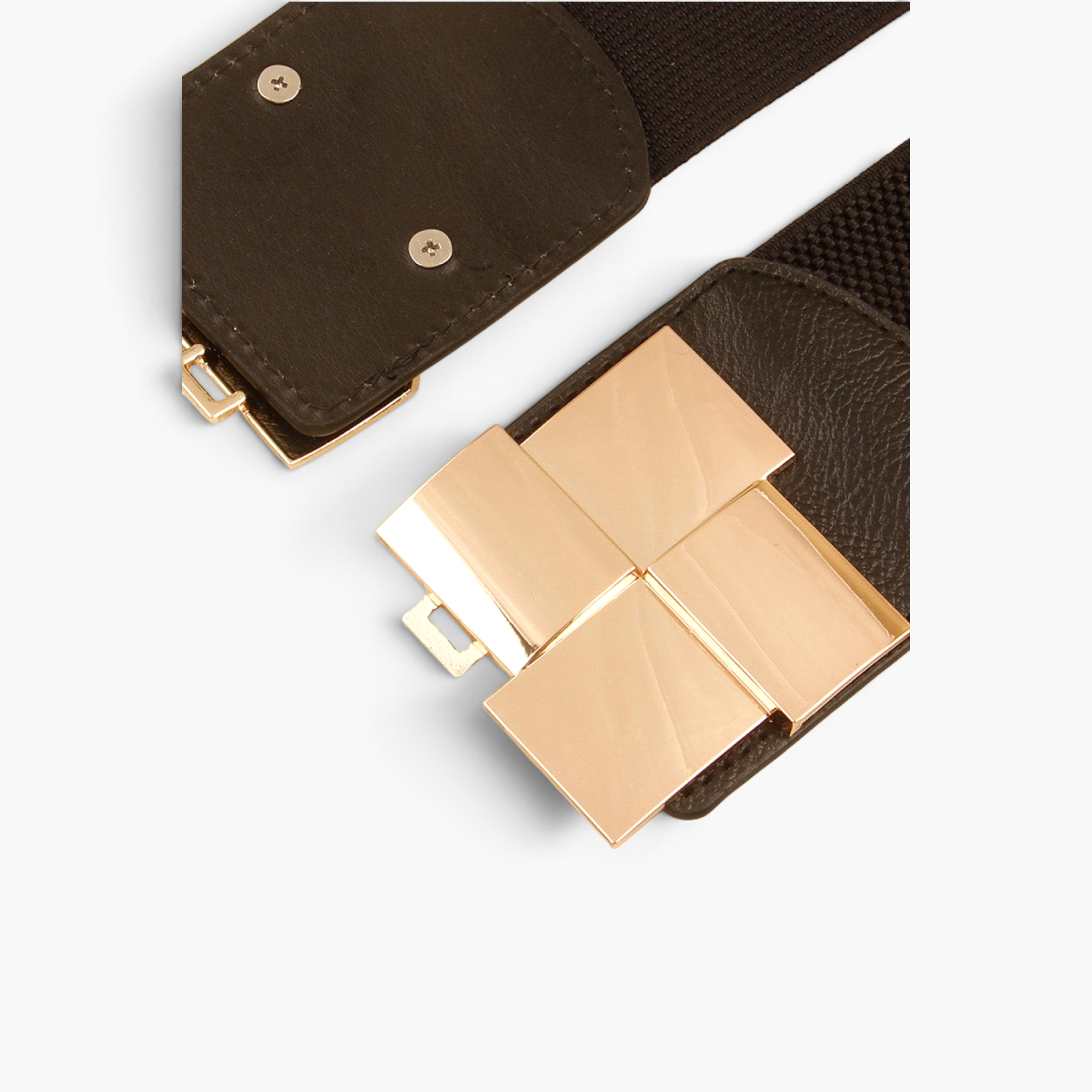 Beach Rose Co. wide black elastic stretch belt with a gold-tone geometric sculpted rectangular buckle and PU accents.