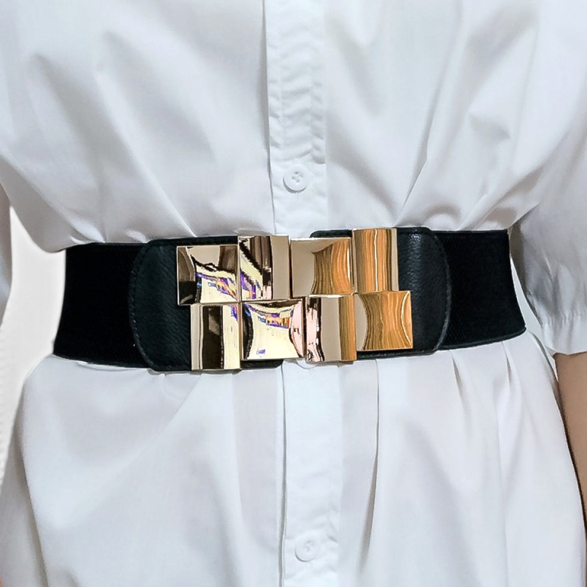 Beach Rose Co. wide black elastic belt featuring a gold-tone geometric statement buckle with sculpted PU accents.
