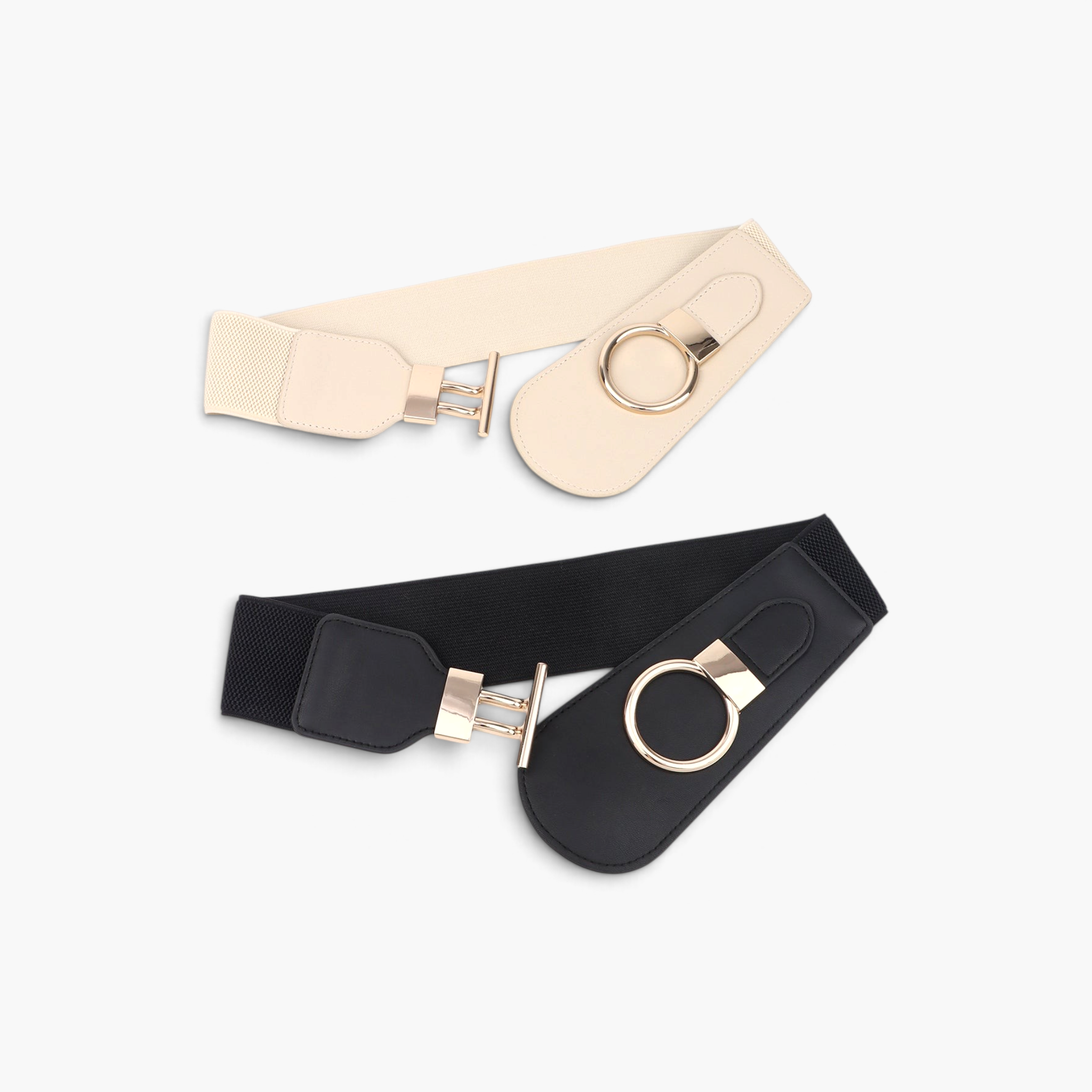 Beach Rose Co. wide elastic waist belts in black and beige with oversized gold ring-and-bar buckles and PU front.