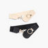 Beach Rose Co. wide elastic waist belts in black and beige with oversized gold ring-and-bar buckles and PU front.