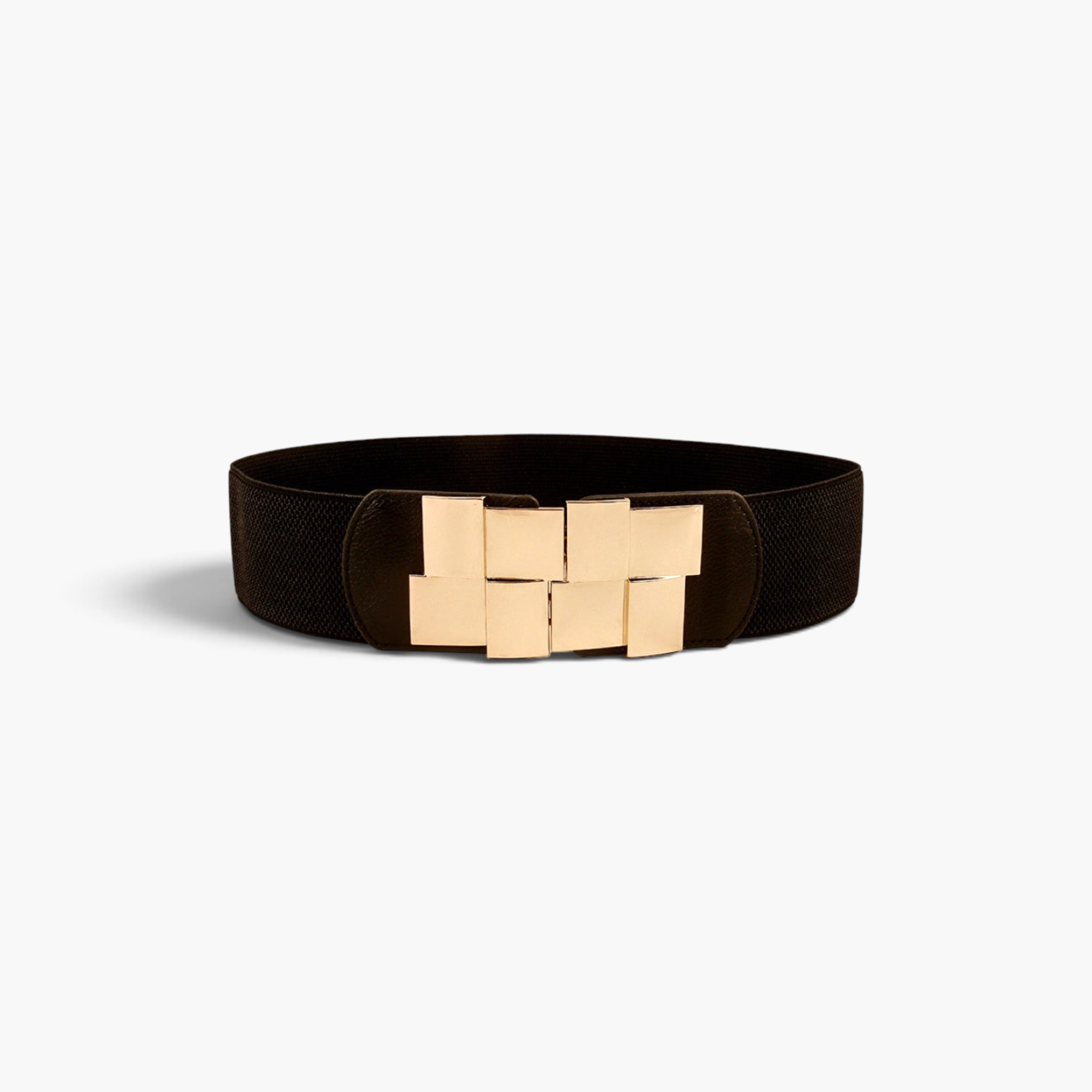 Beach Rose Co. wide black stretch belt with a gold-tone geometric metal buckle and PU leather accents.