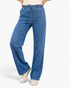 Beach Rose Co. medium wash wide leg denim jeans with an elastic drawstring waistband and vertical front seam details.