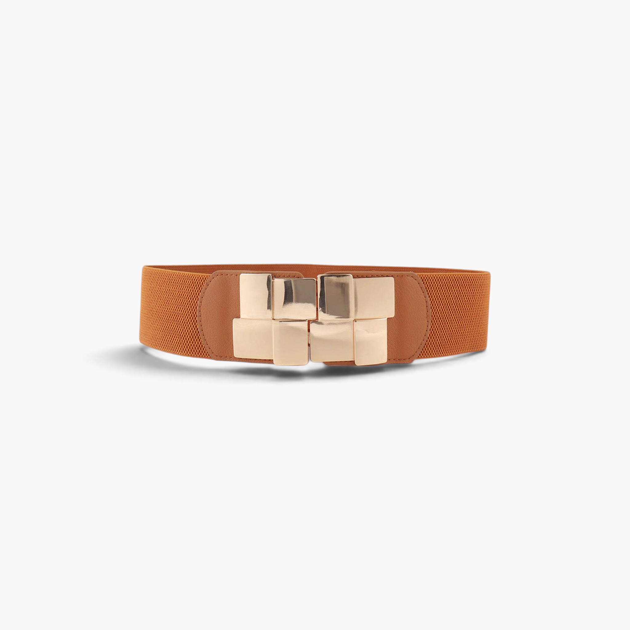 Beach Rose Co. wide tan elastic stretch belt with a gold-tone geometric statement buckle and PU leather accents.
