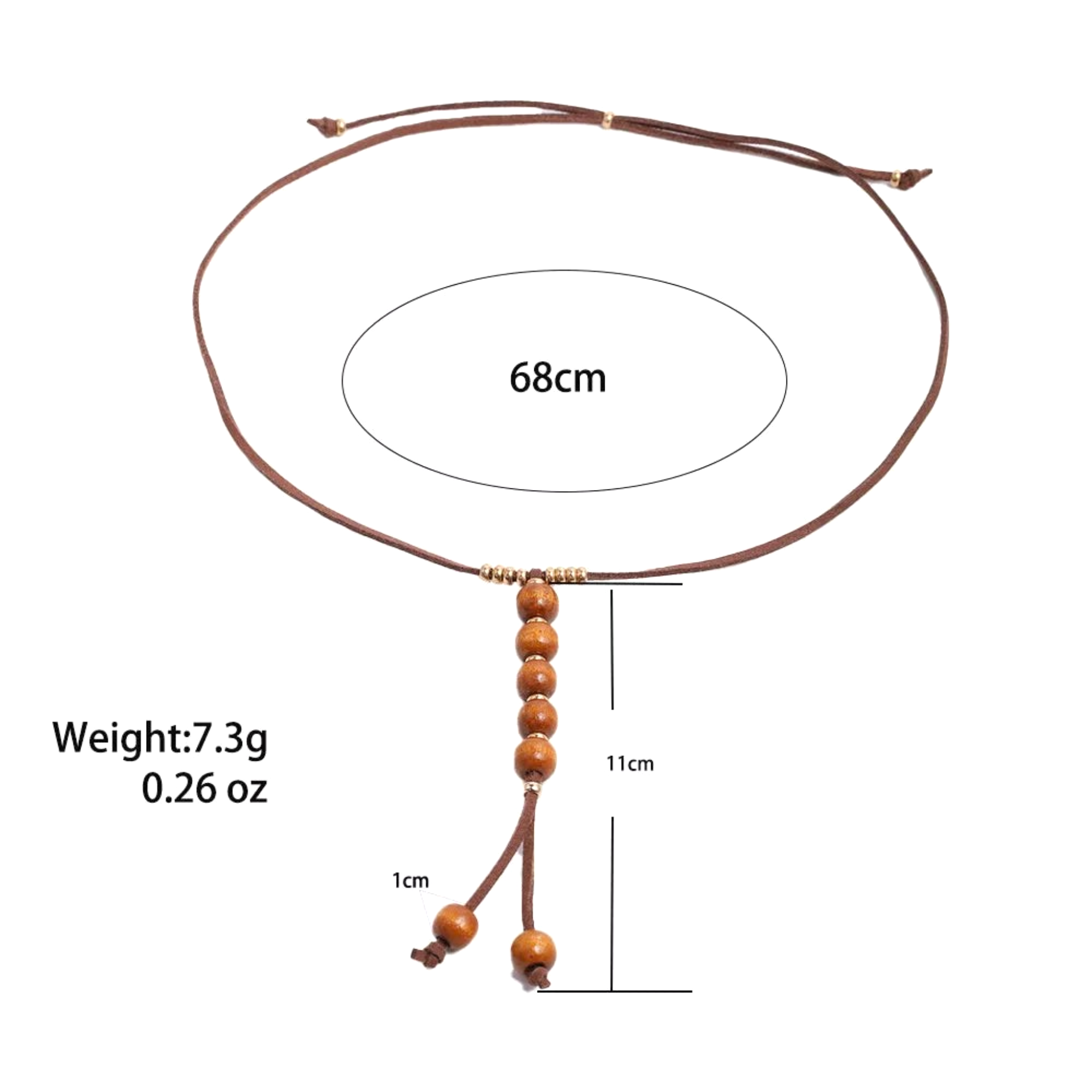 Beach Rose Co. long boho necklace featuring brown PU cord, wooden beads, and gold-tone accents with twin cord drops.