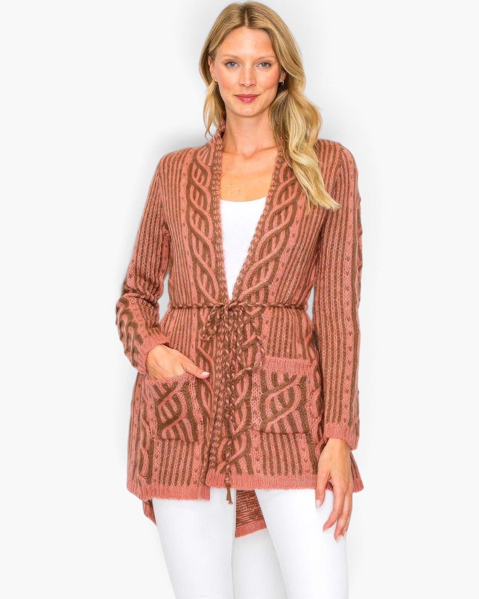 Beach Rose Co. open-front wool blend cardigan in dusty rose with cable knit details, belt string, and front pockets.