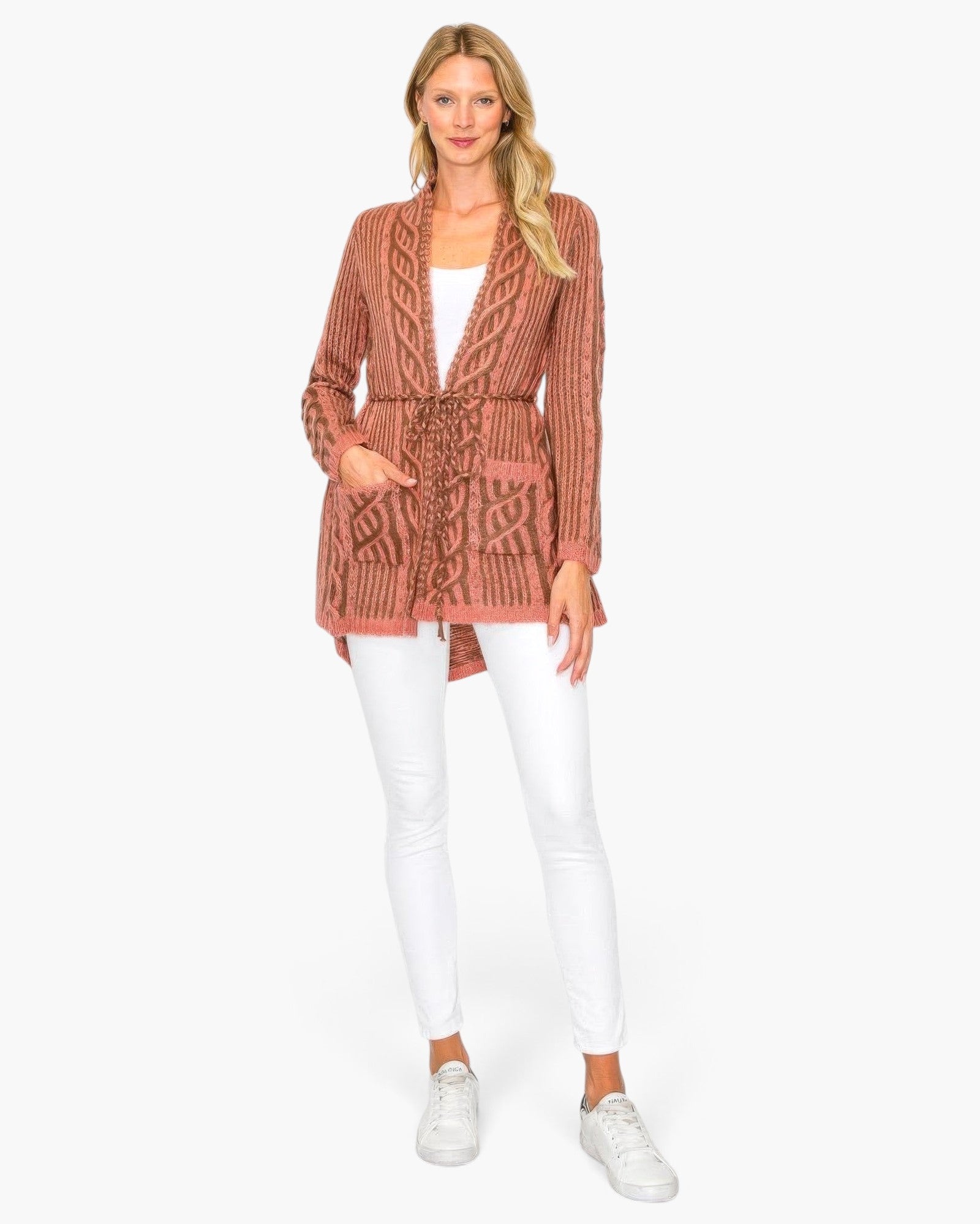 Beach Rose Co. open-front wool blend cardigan in dusty rose with cable knit patterns, belt string, and front pockets.