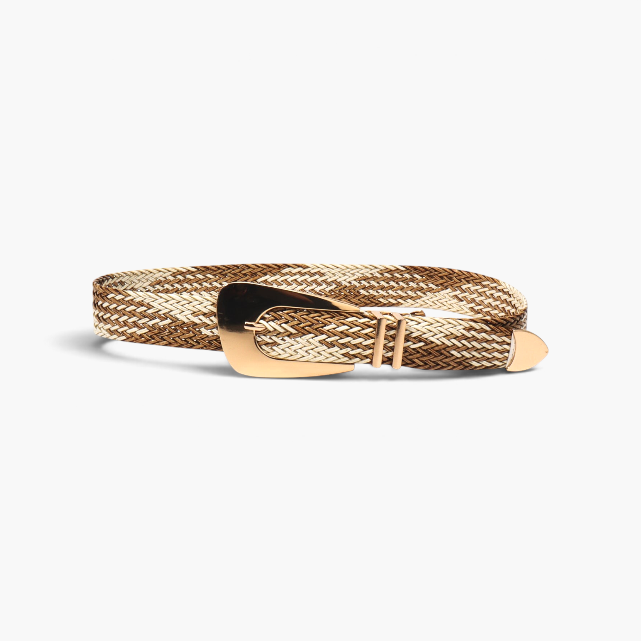 Beach Rose Co. woven polyester belt in tan and brown with an oversized gold-tone alloy prong buckle.
