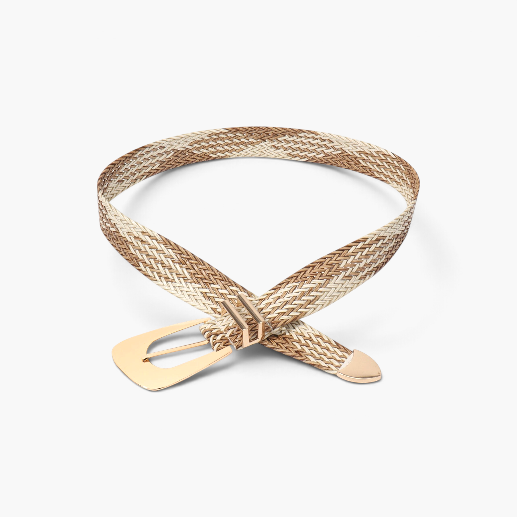 Beach Rose Co. woven polyester belt in beige with an oversized gold alloy prong buckle and double keeper loops.