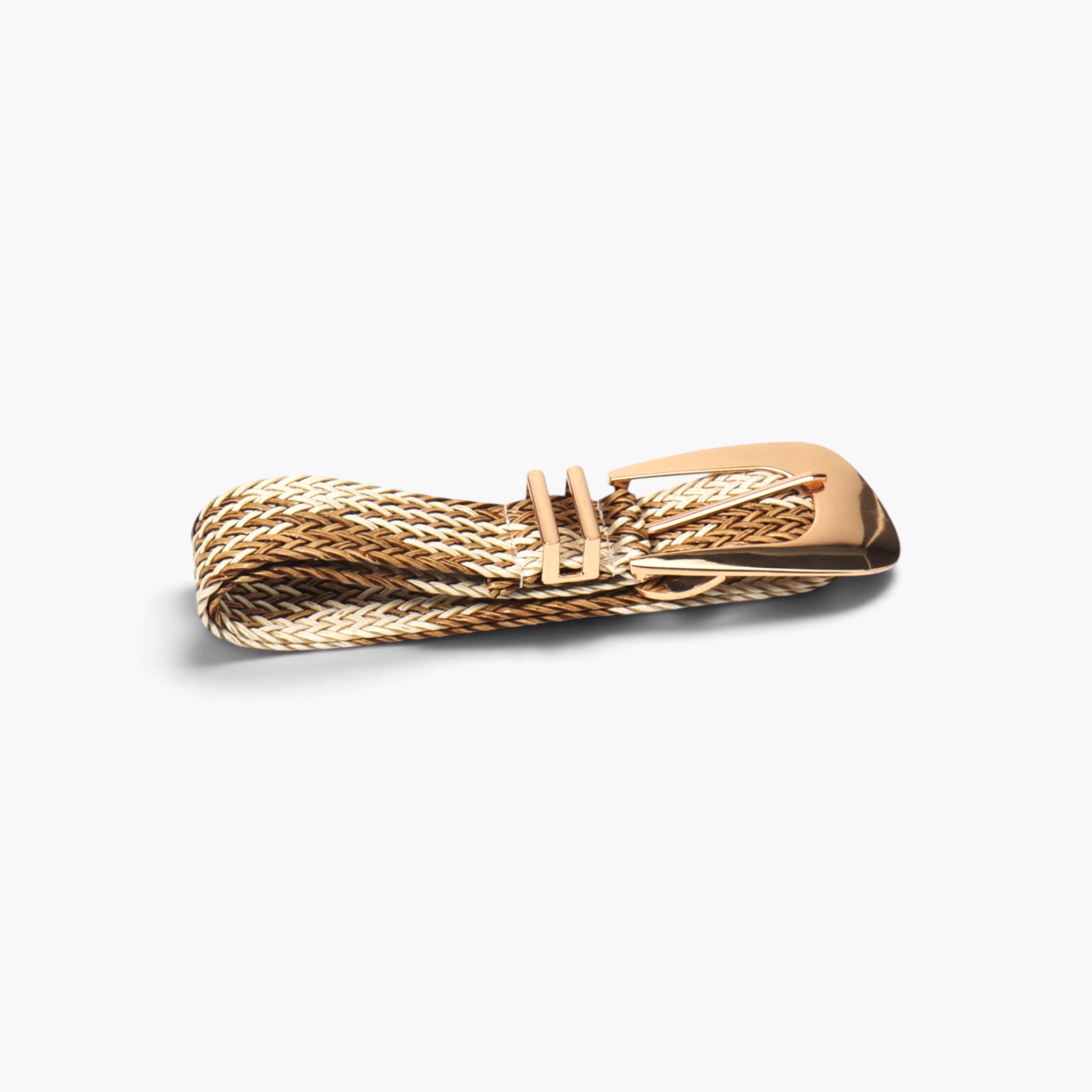Beach Rose Co. woven polyester belt in tan and cream with an oversized gold alloy prong buckle and double keepers.