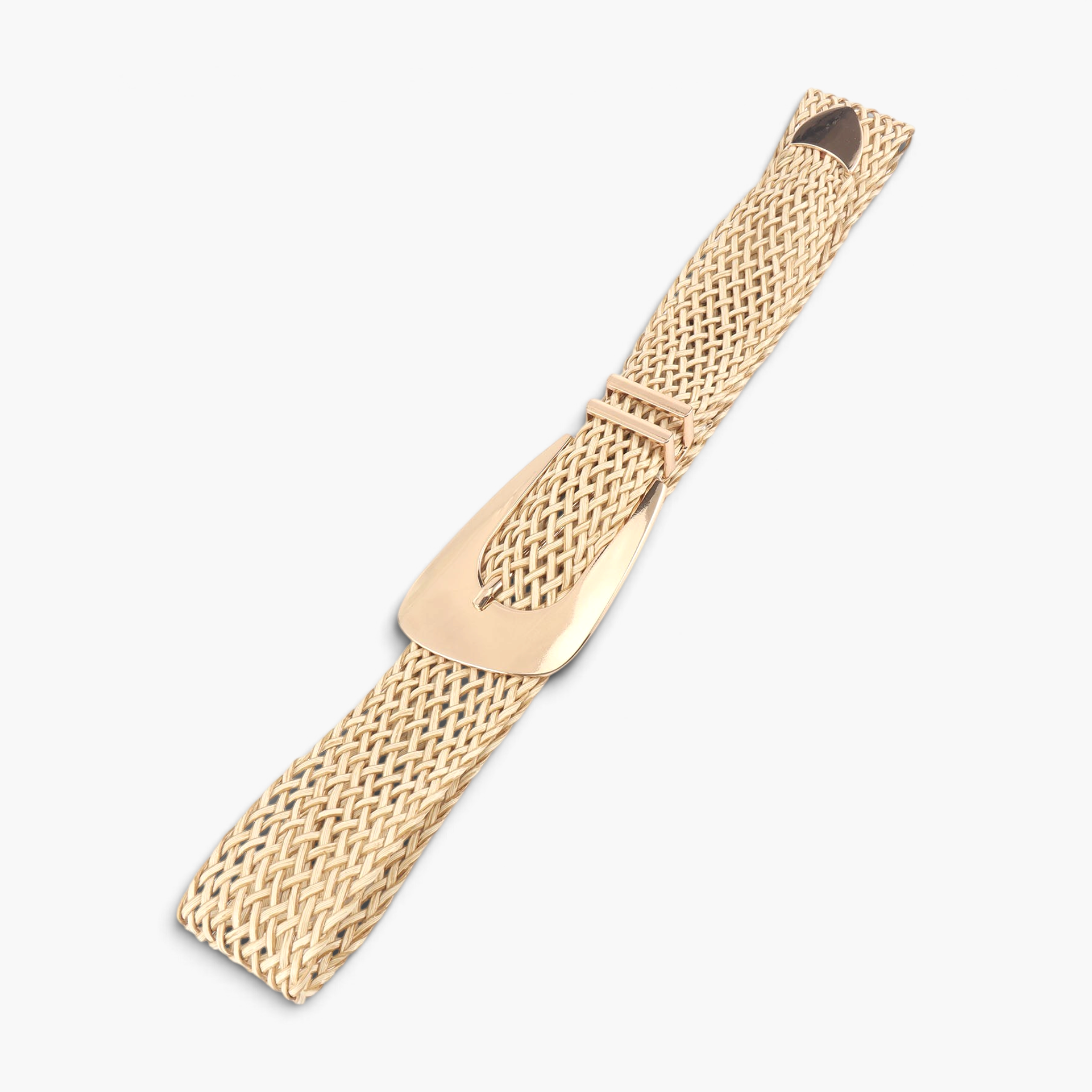 Beach Rose Co. beige woven polyester belt with an oversized gold-tone alloy prong buckle and double keeper loops.