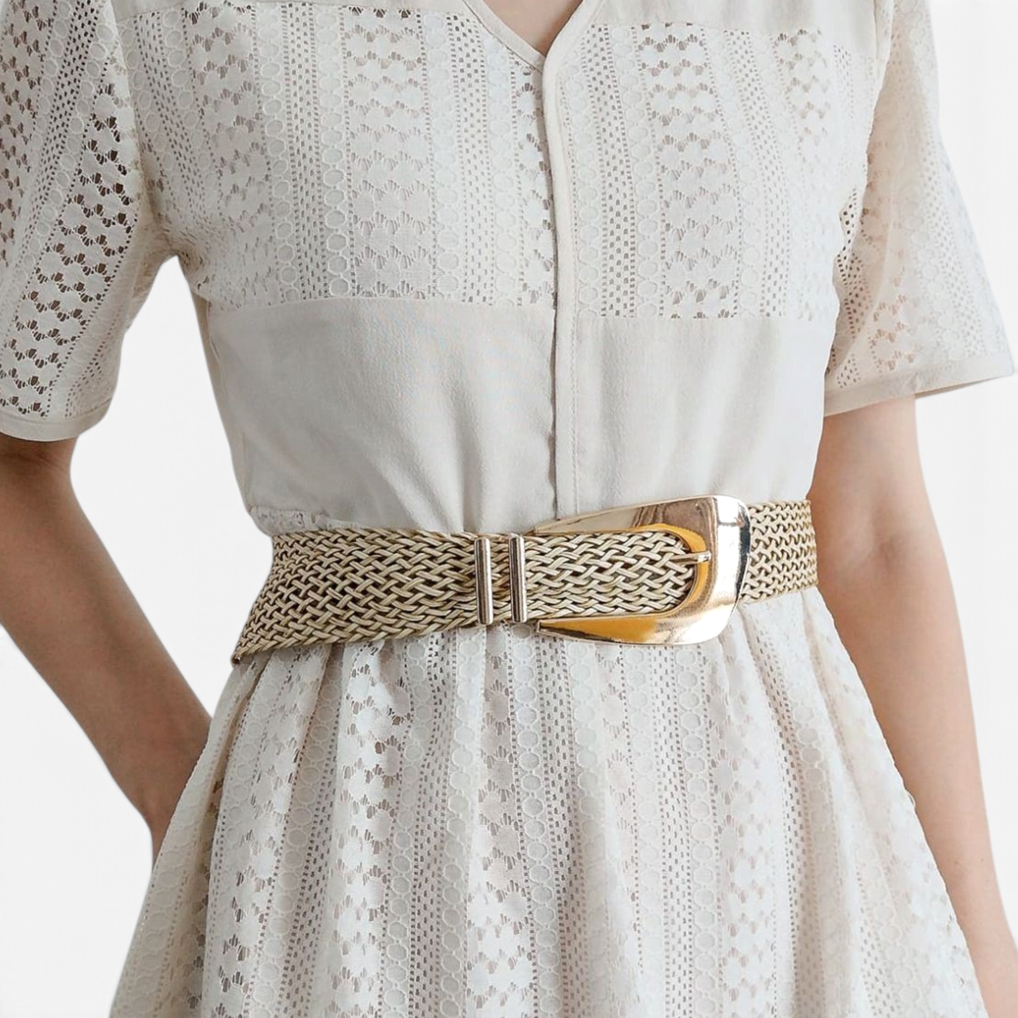 Beach Rose Co. beige woven polyester belt with an oversized gold alloy prong buckle worn over a white lace dress.