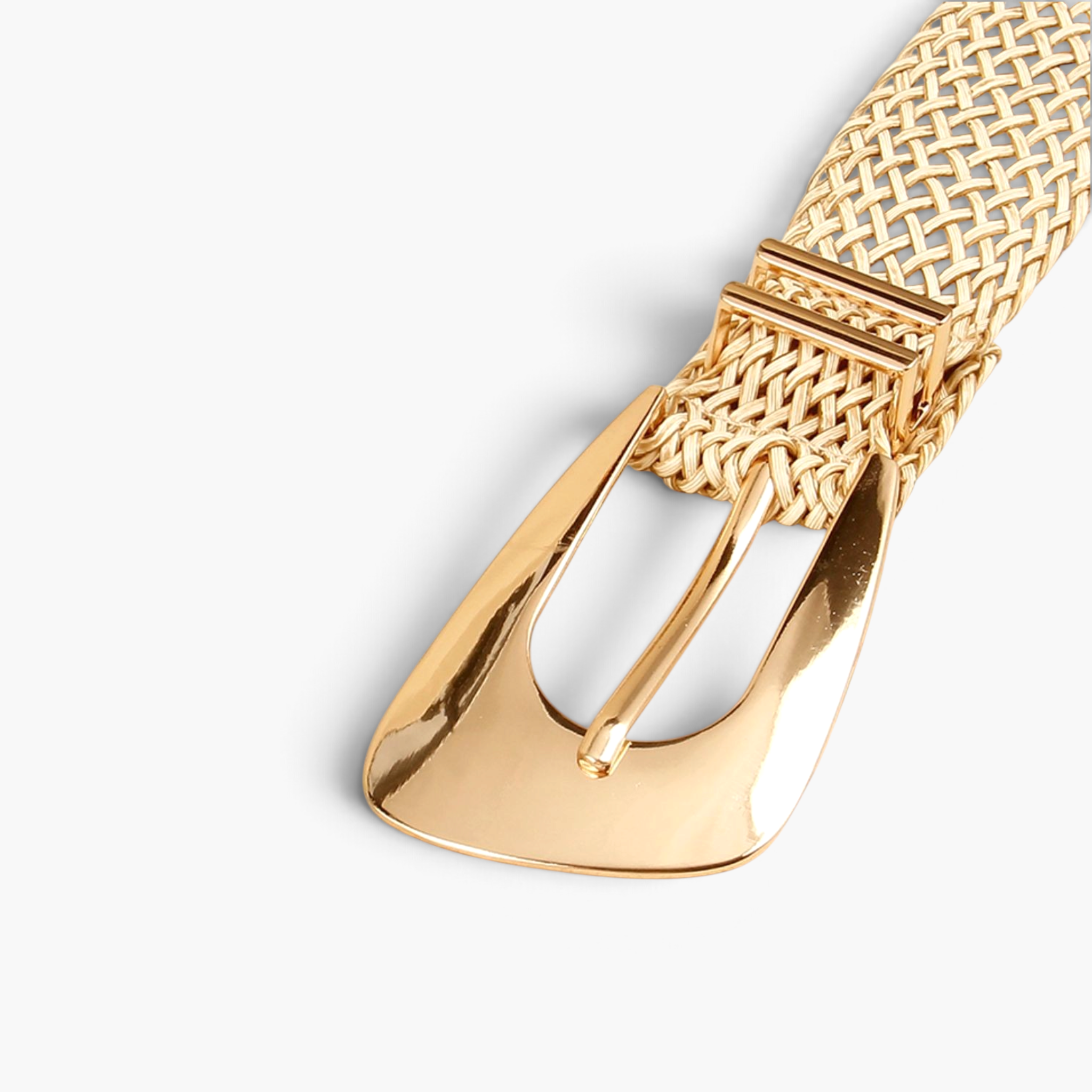 Beach Rose Co. gold woven polyester belt featuring an oversized polished alloy prong buckle and double keeper loops.
