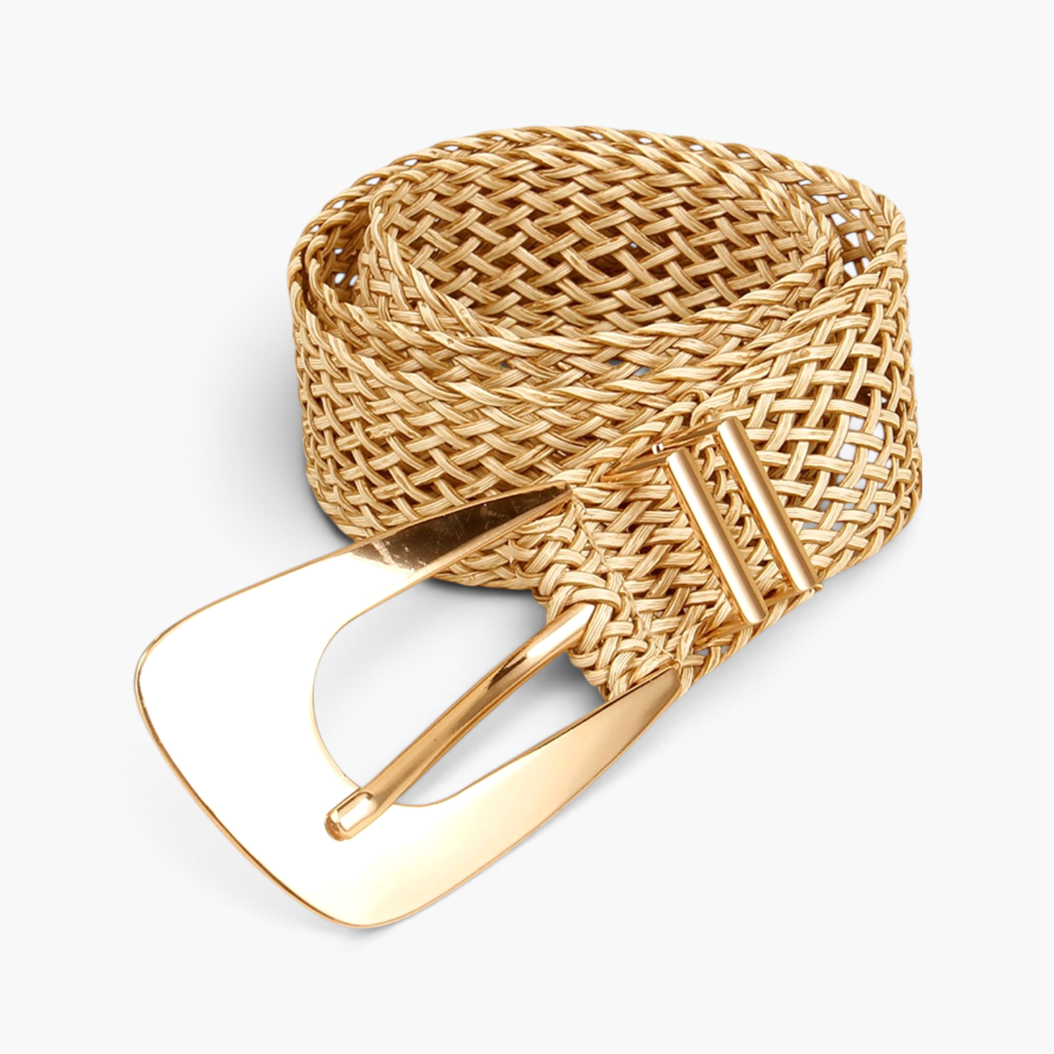 Beach Rose Co. woven polyester belt in gold with an oversized alloy prong buckle and double keeper loops.