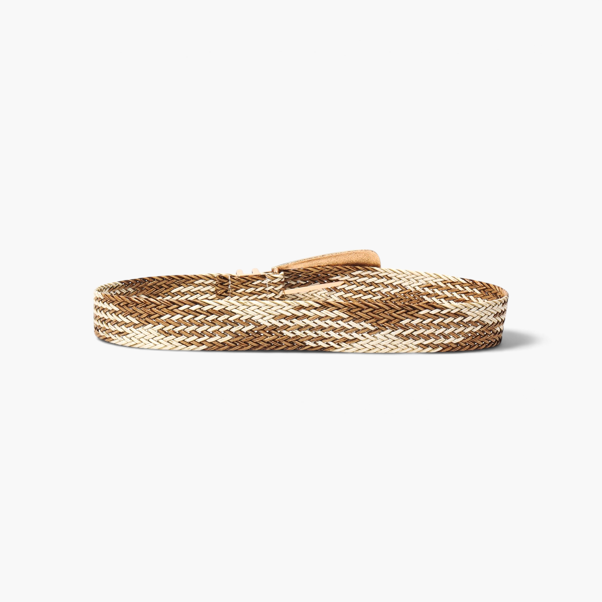 Beach Rose Co. woven polyester belt in brown and cream with an oversized alloy prong buckle and double keeper loops.