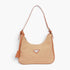 Beach Rose Co. woven straw shoulder bag with tan faux leather trim and a distinctive triangle detail on the front