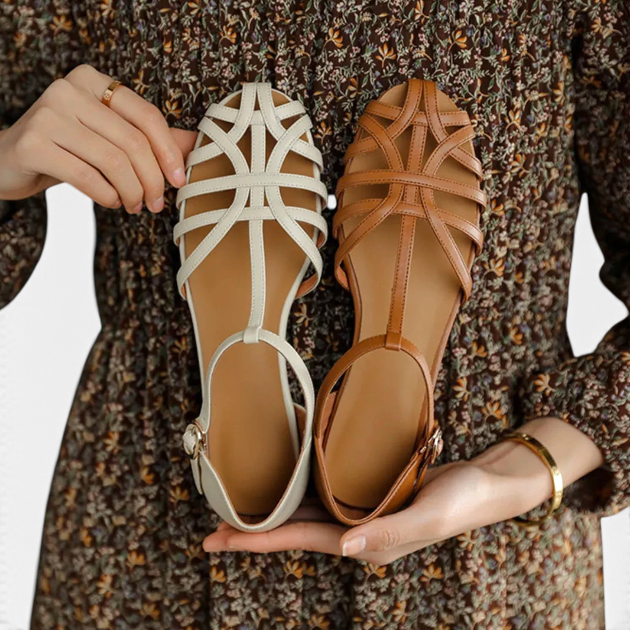 Beach Rose Co. woven PU leather T-bar flat sandals in white and tan with adjustable buckle straps.
