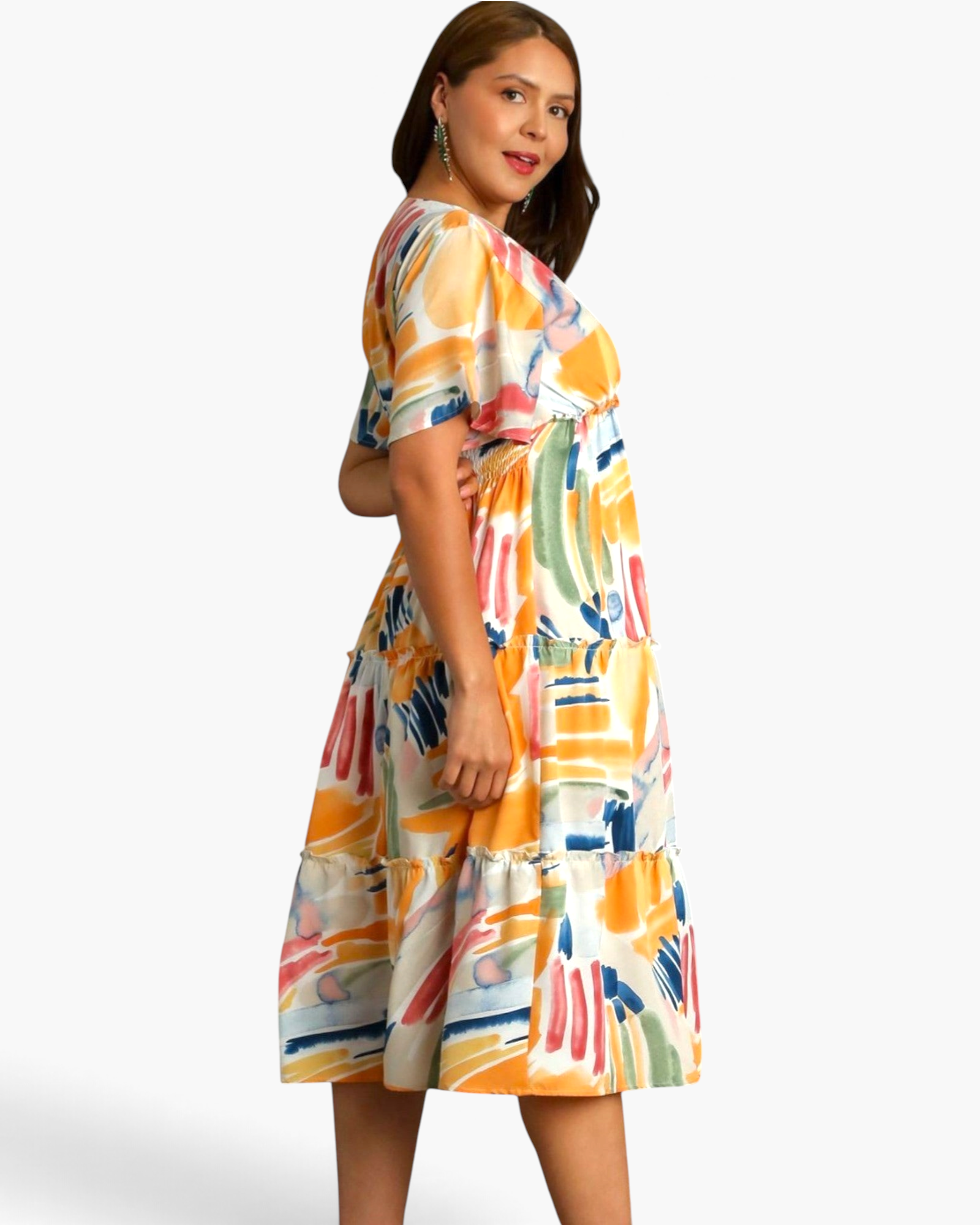 Beach Rose Co. yellow multicolor abstract print midi dress with flutter sleeves and a tiered skirt on a model