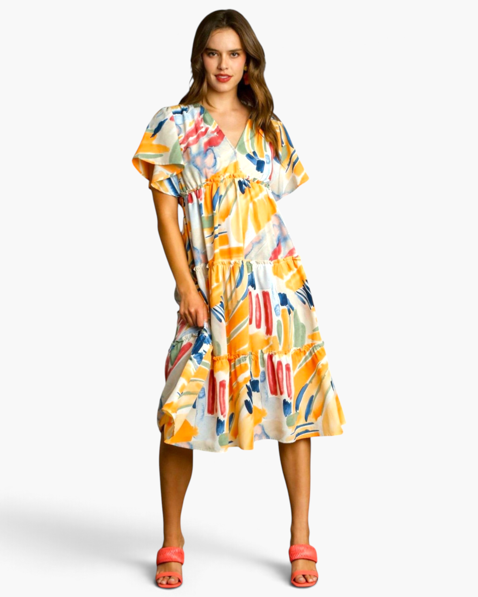 Beach Rose Co. yellow multicolor abstract print midi dress with flutter sleeves and a tiered ruffled skirt on a model