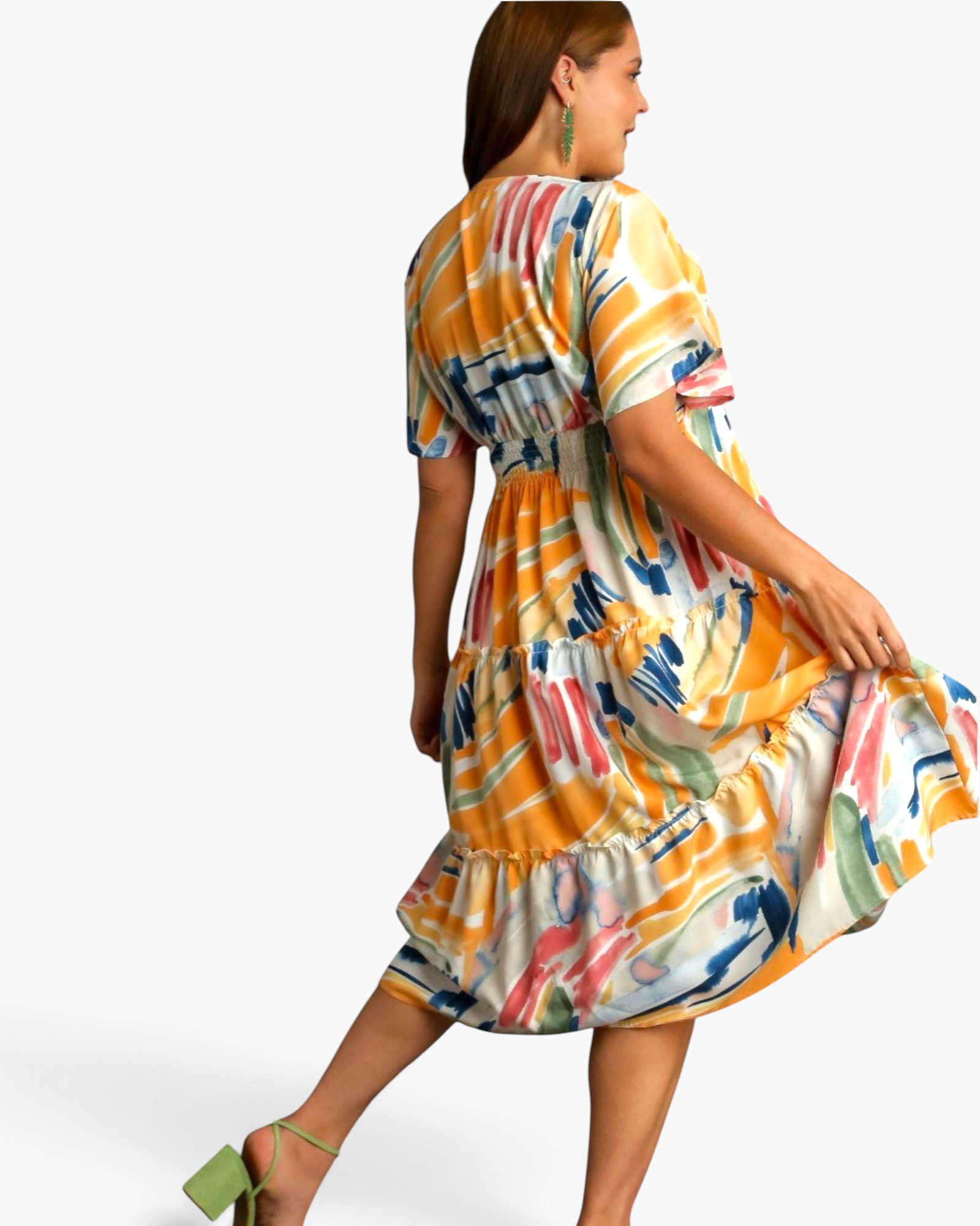 Beach Rose Co. yellow multicolor abstract print midi dress with flutter sleeves and a tiered skirt on a model
