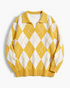 Beach Rose Co. yellow and white argyle sweater with a fold-over collar, V-neckline, and relaxed fit.