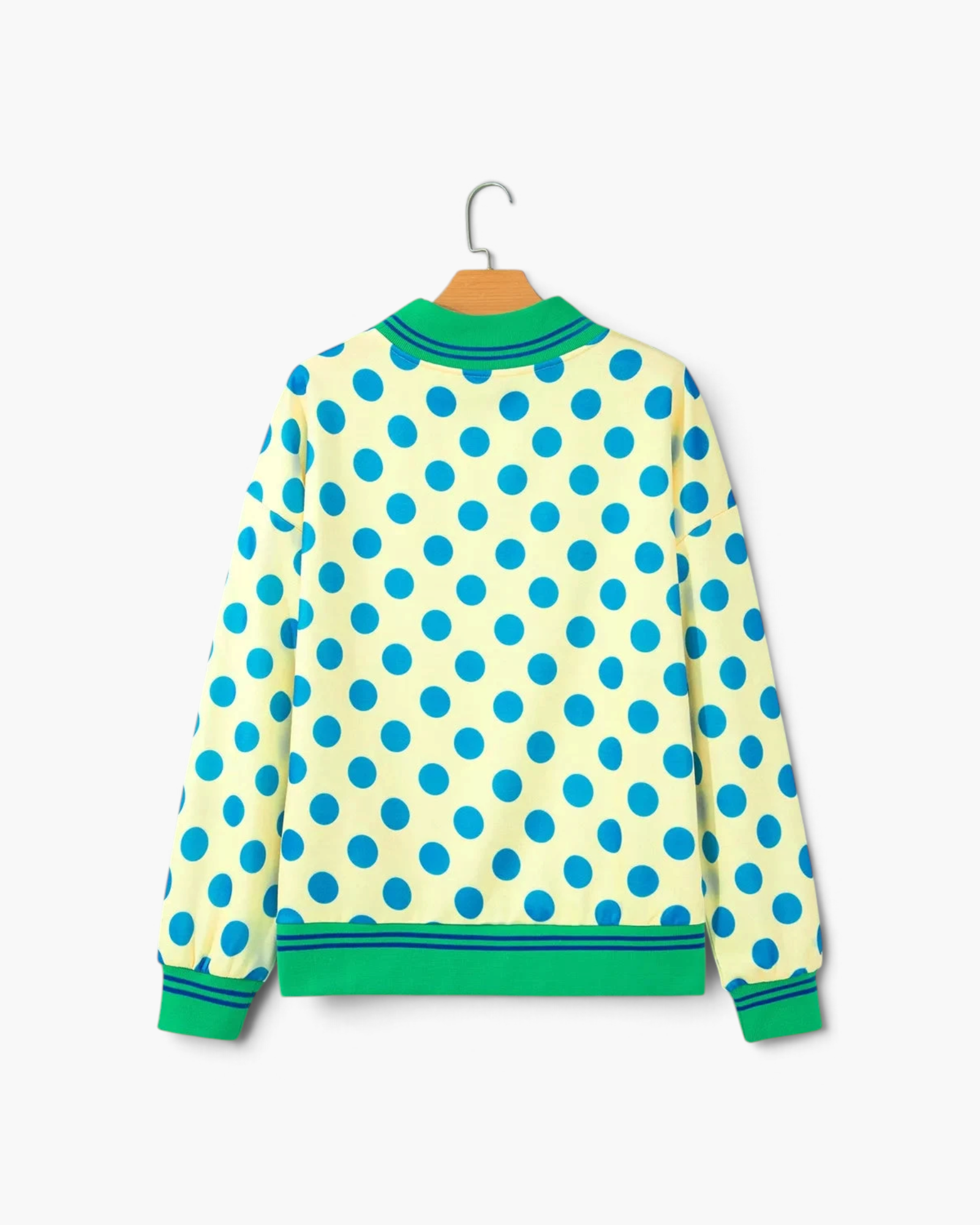 Beach Rose Co. yellow polyester sweatshirt with blue polka dots and green striped trim, back view.