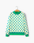 Beach Rose Co. yellow polyester sweatshirt with blue polka dots and green striped trim on a hanger.