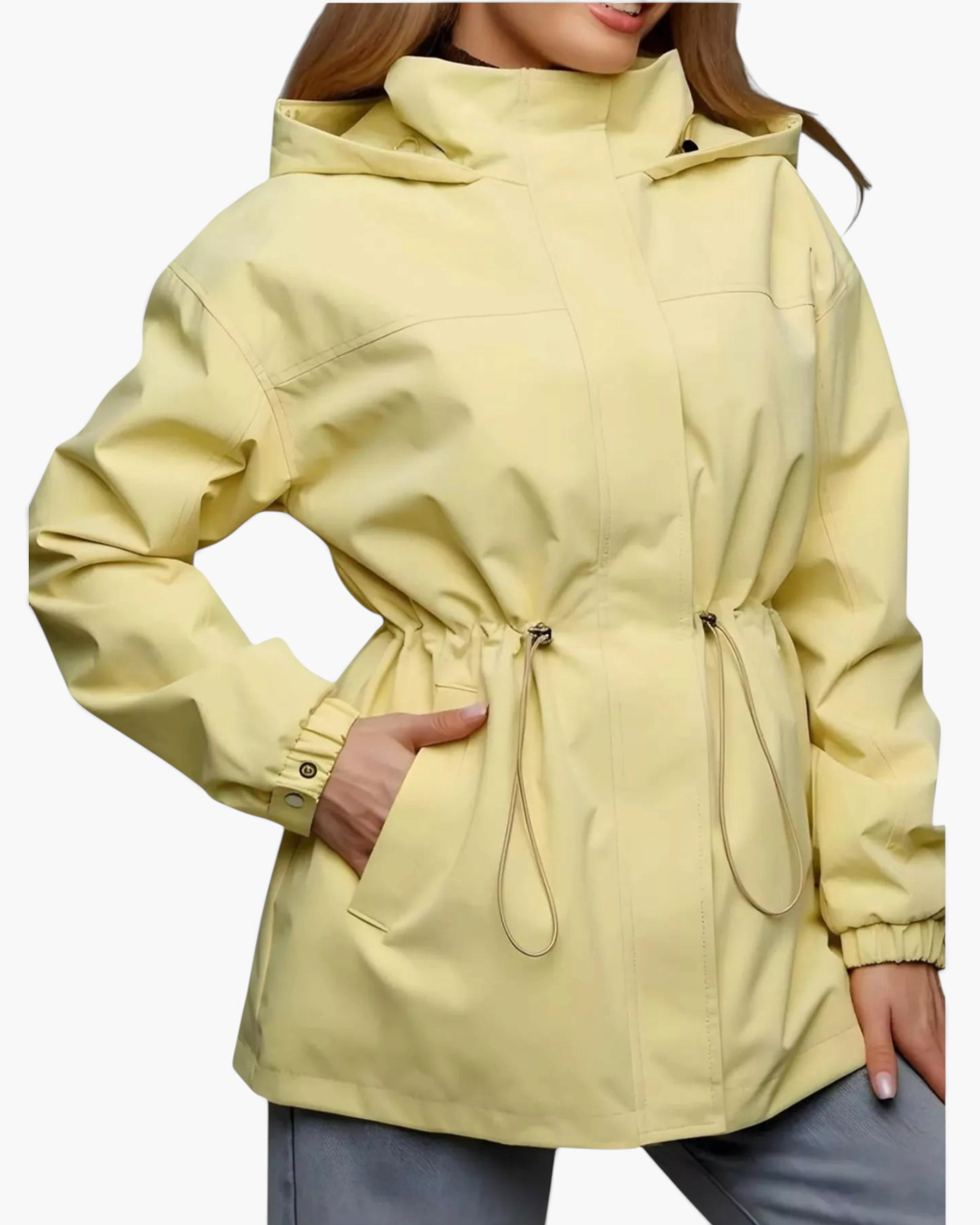 Beach Rose Co. pale yellow hooded jacket with a drawstring waist, zip-front closure, and snap-tab cuffs.