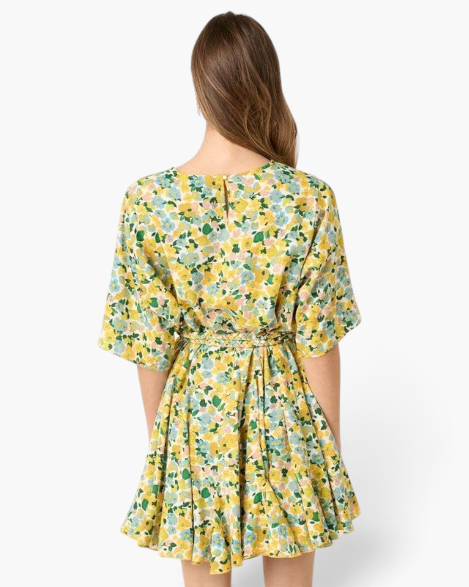 Back view of Beach Rose Co. yellow floral mini dress with elbow-length sleeves and braided waist tie on a model.