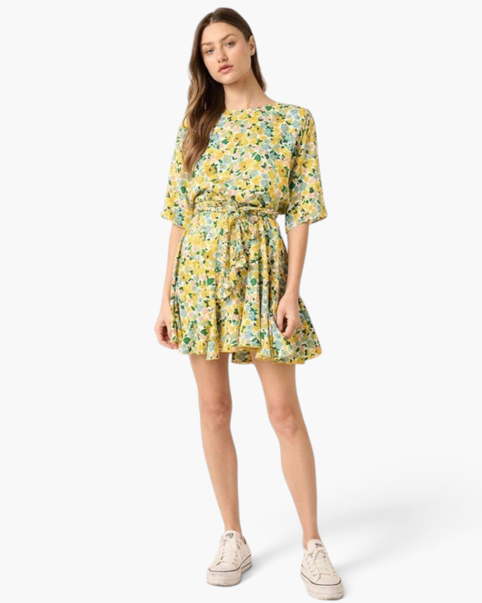 Beach Rose Co. yellow floral mini dress with elbow-length sleeves, braided waist tie, and flared skirt on a model.