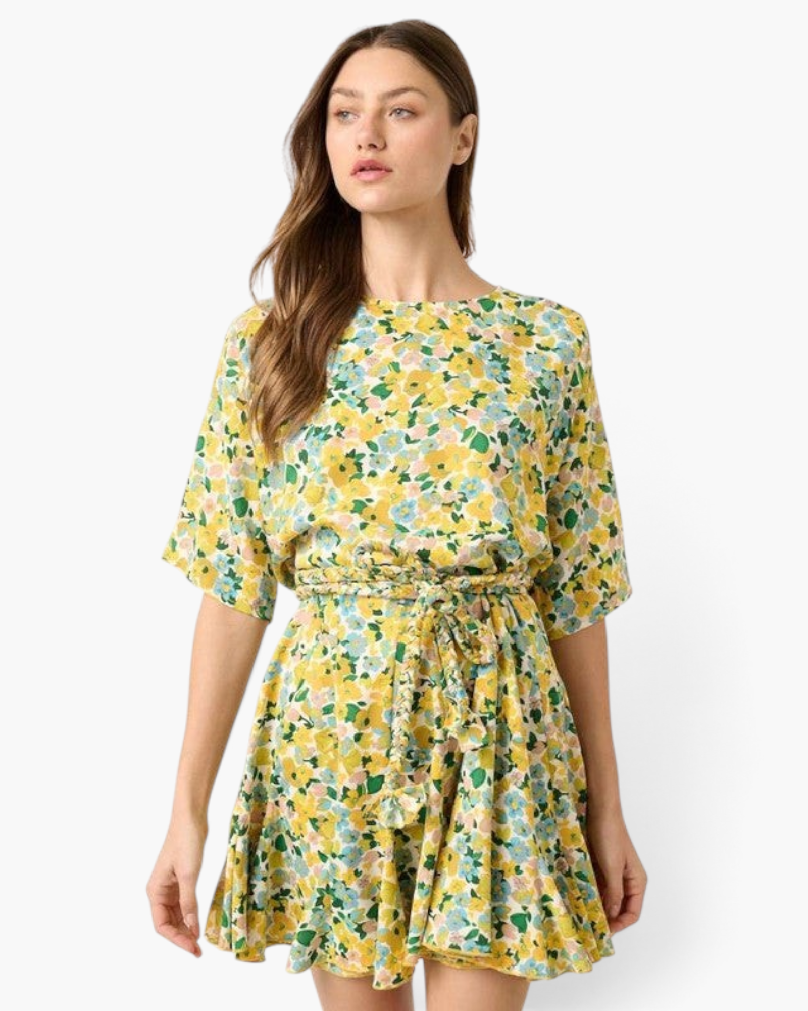 Beach Rose Co. yellow floral mini dress with elbow-length sleeves and a removable braided waist tie on a model
